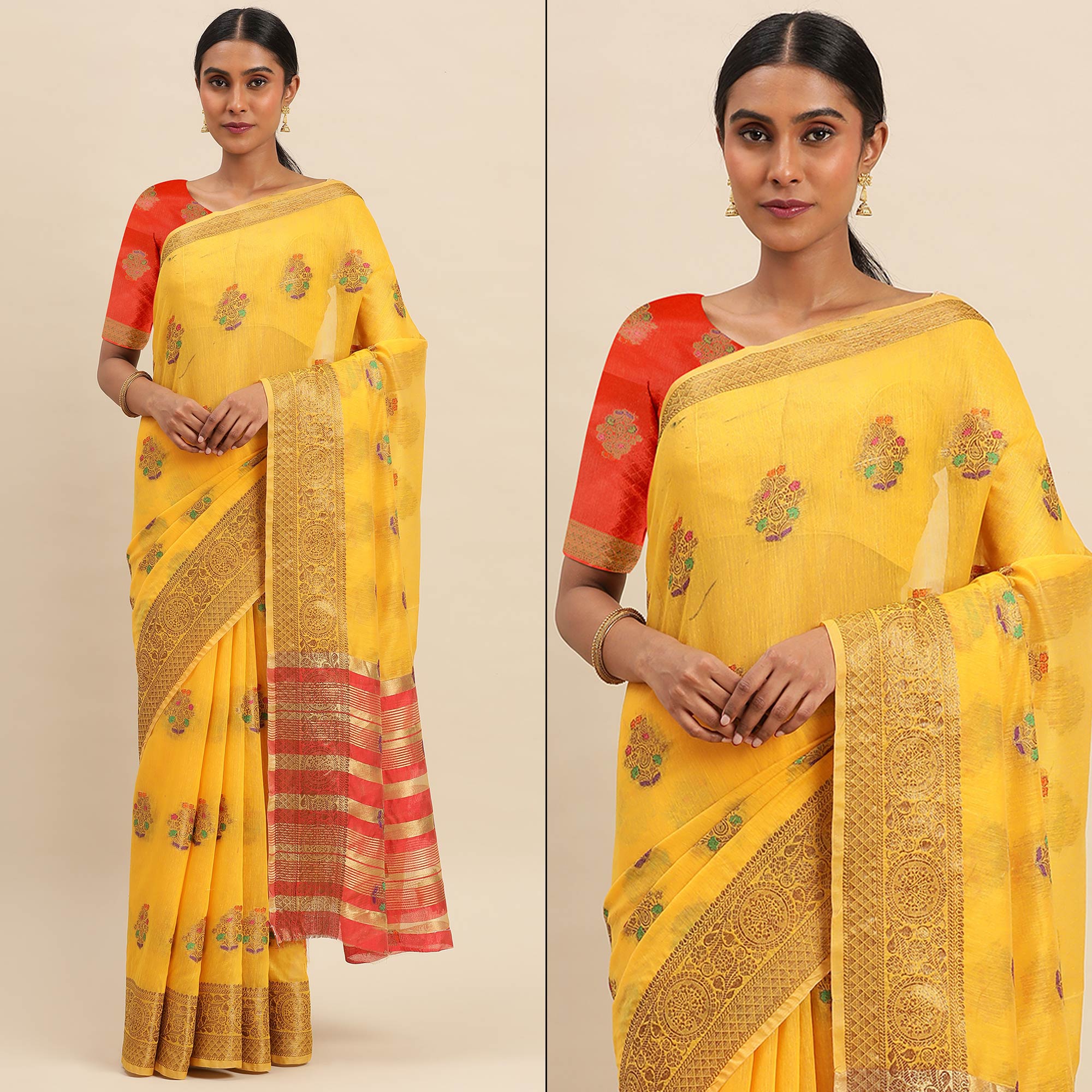 Yellow Woven Cotton Silk Saree
