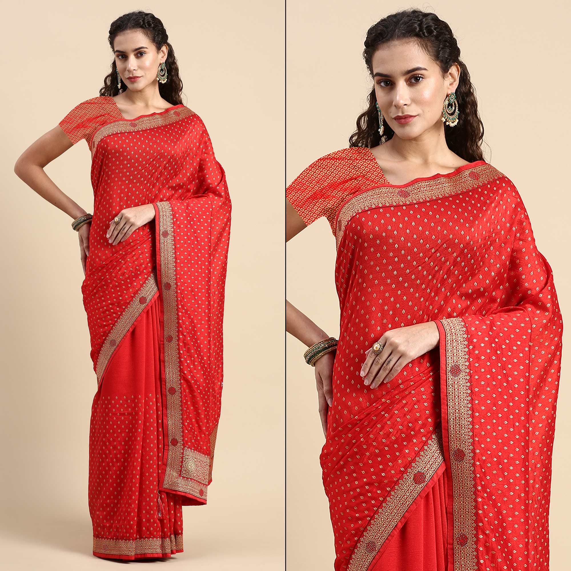 Red Foil Printed With Swarovski Vichitra Silk Saree