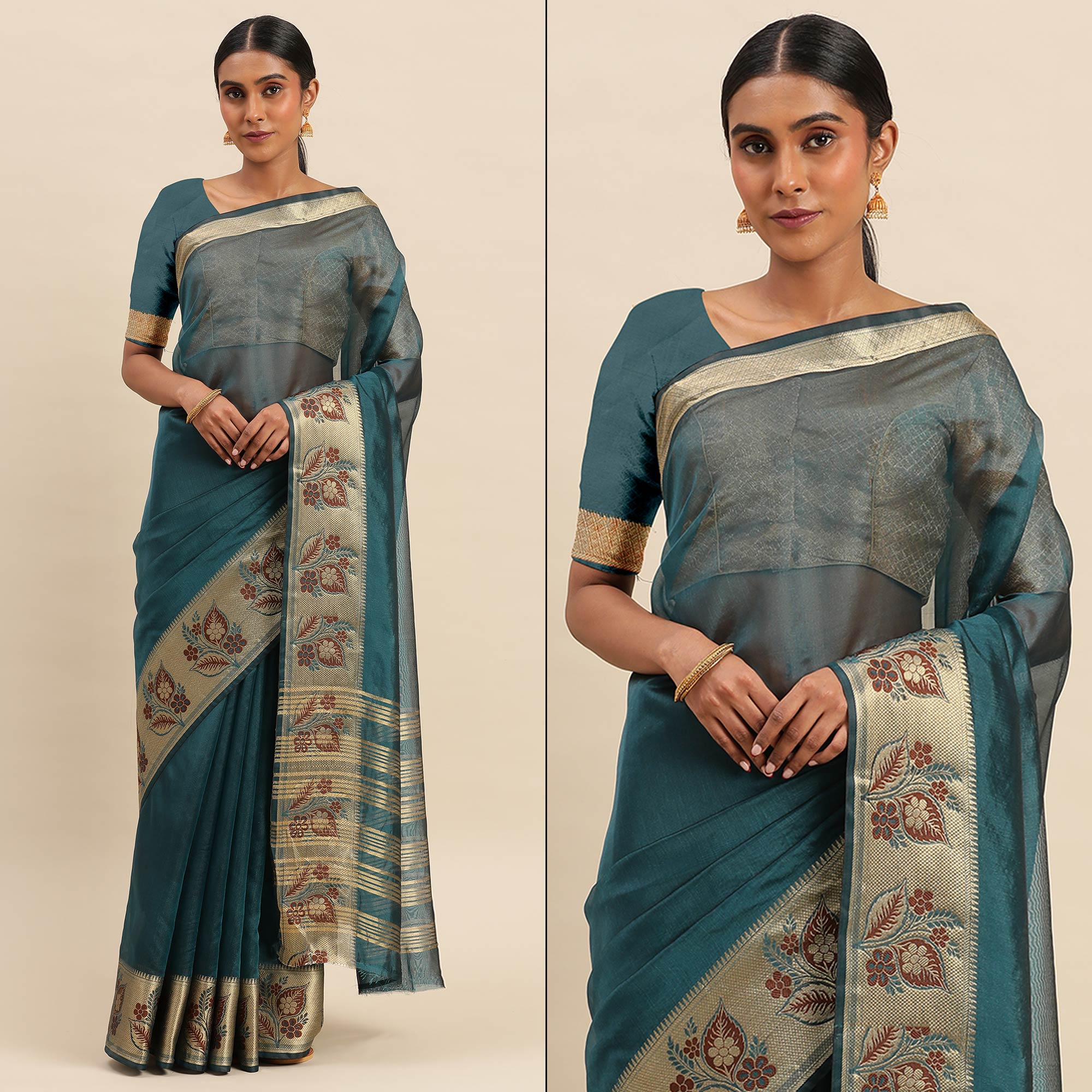 Petrol Blue Woven Cotton Silk Saree