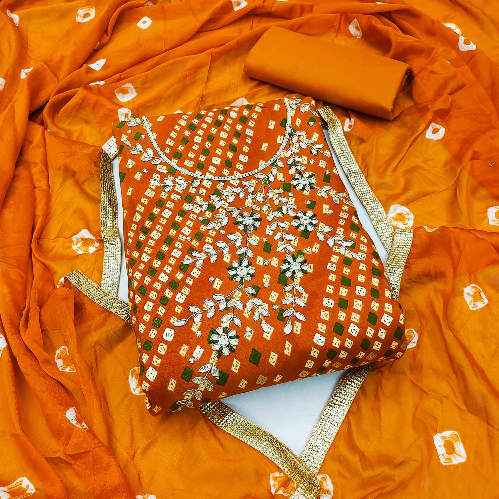 Mustard Printed With Handwork Pure Cotton Dress Material