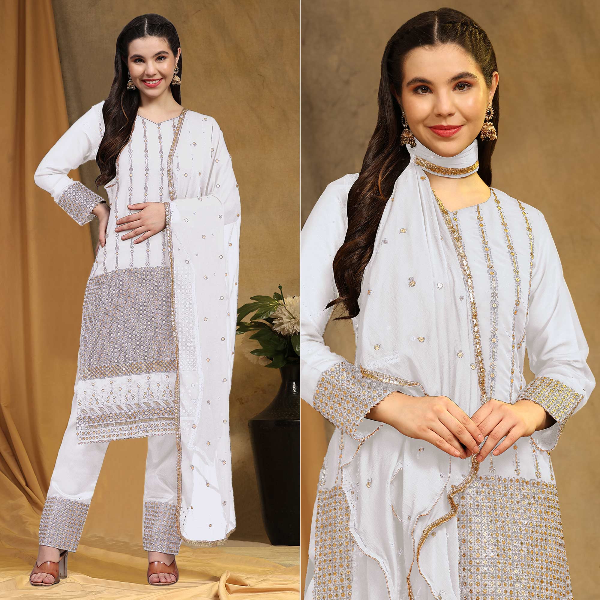 White Sequins Embroidered Georgette Semi Stitched Salwar Suit
