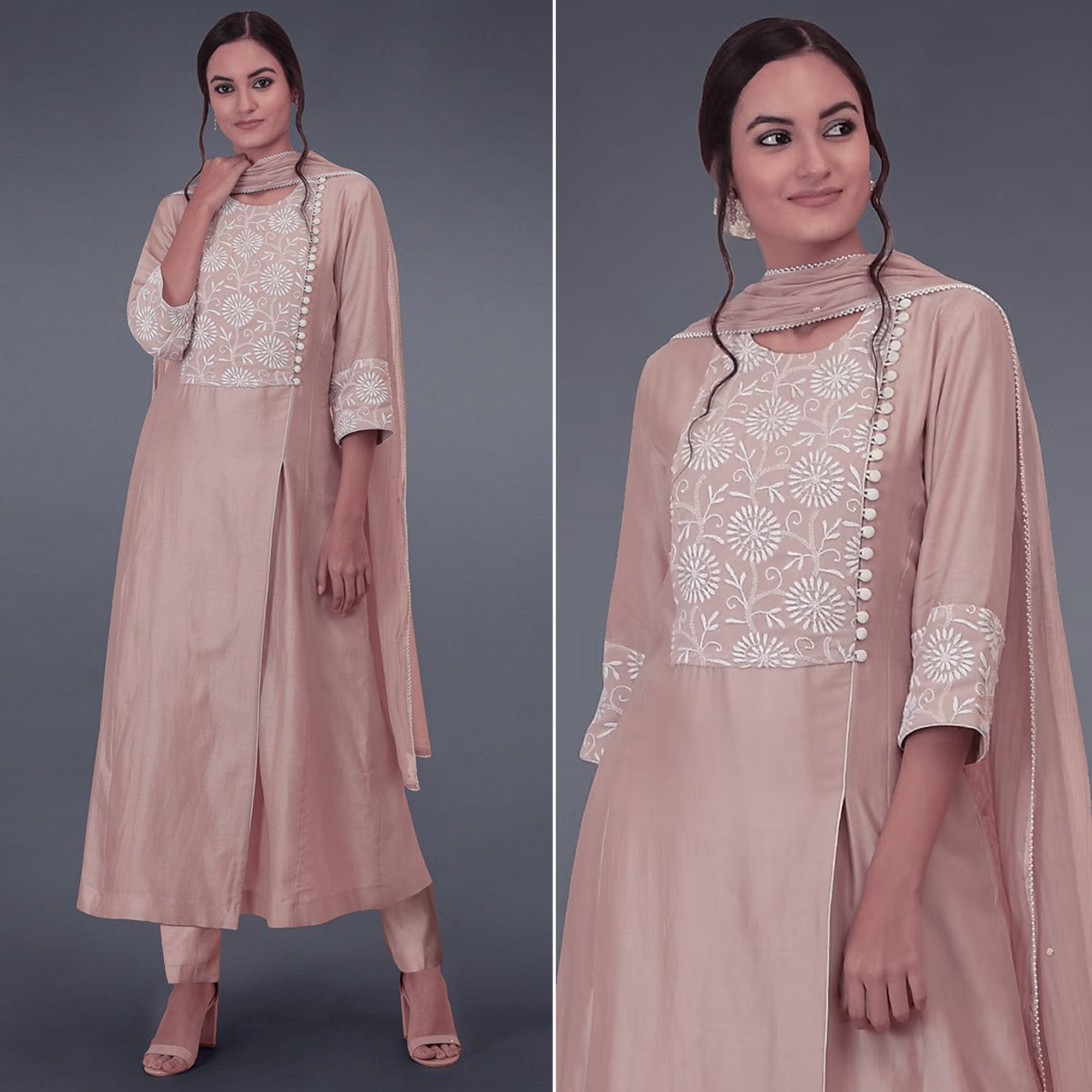 Pink Floral Embroidered Viscose Suit