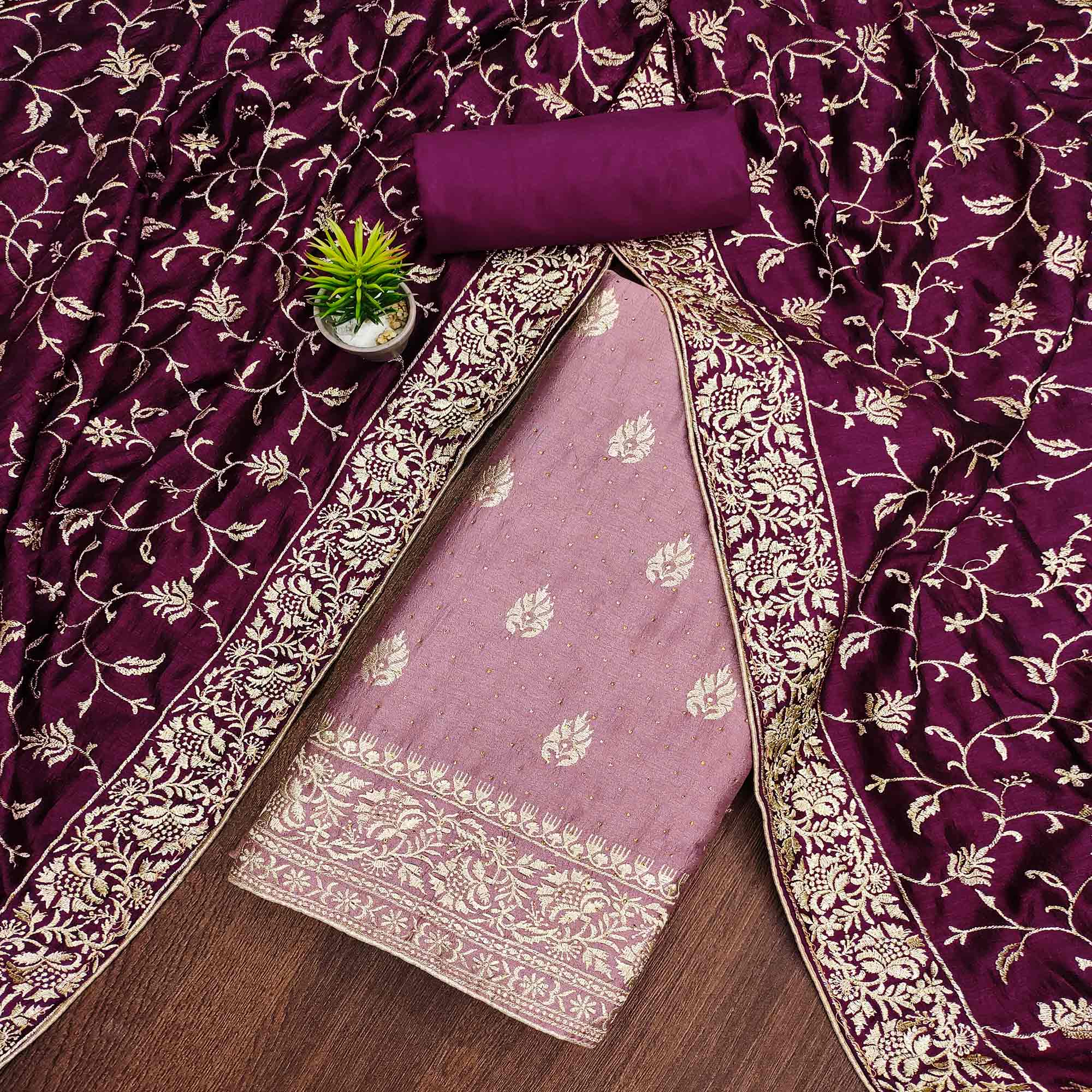 Mauve Floral Embroidered Chinon Dress Material