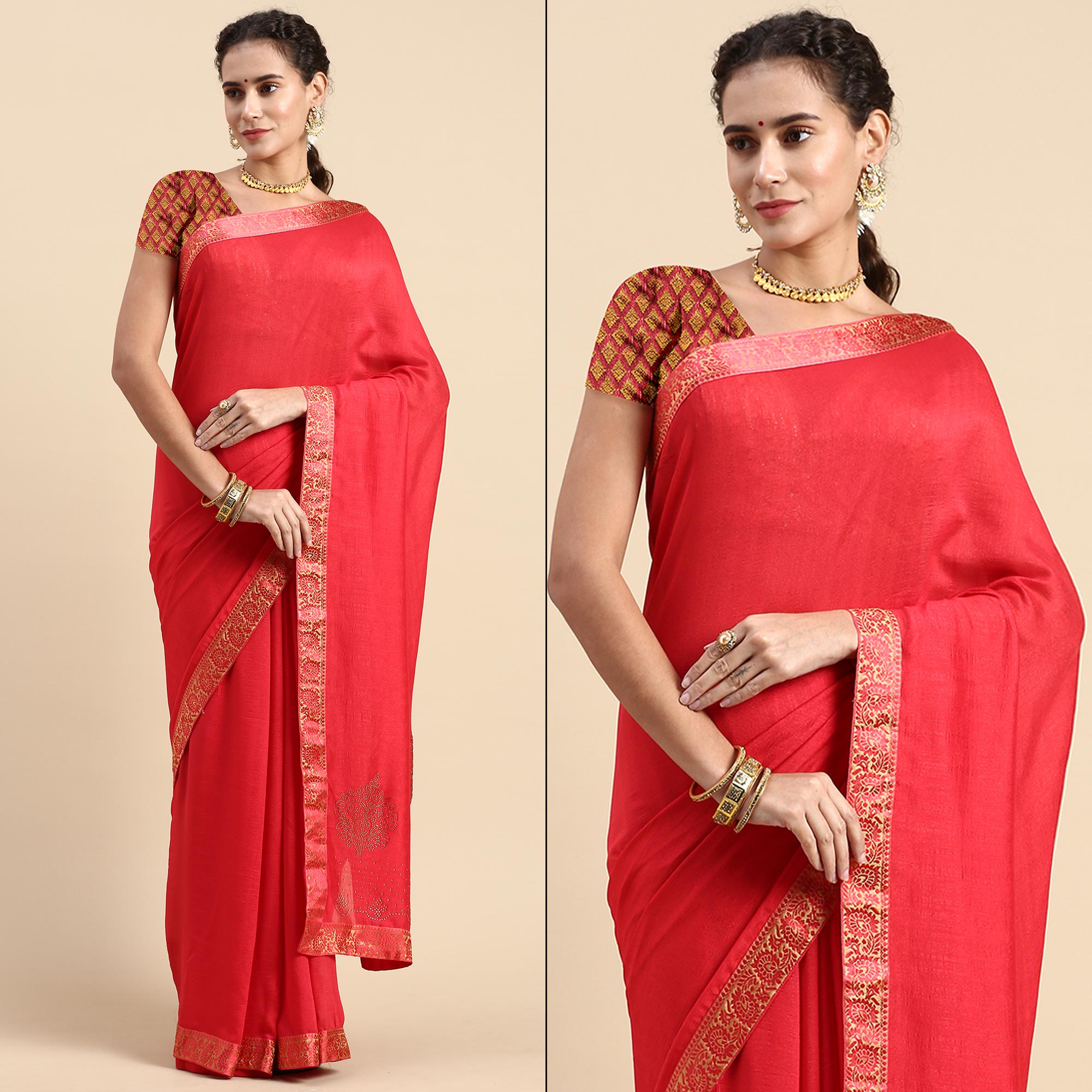 Pink Swaroski Work Vichitra Silk Saree