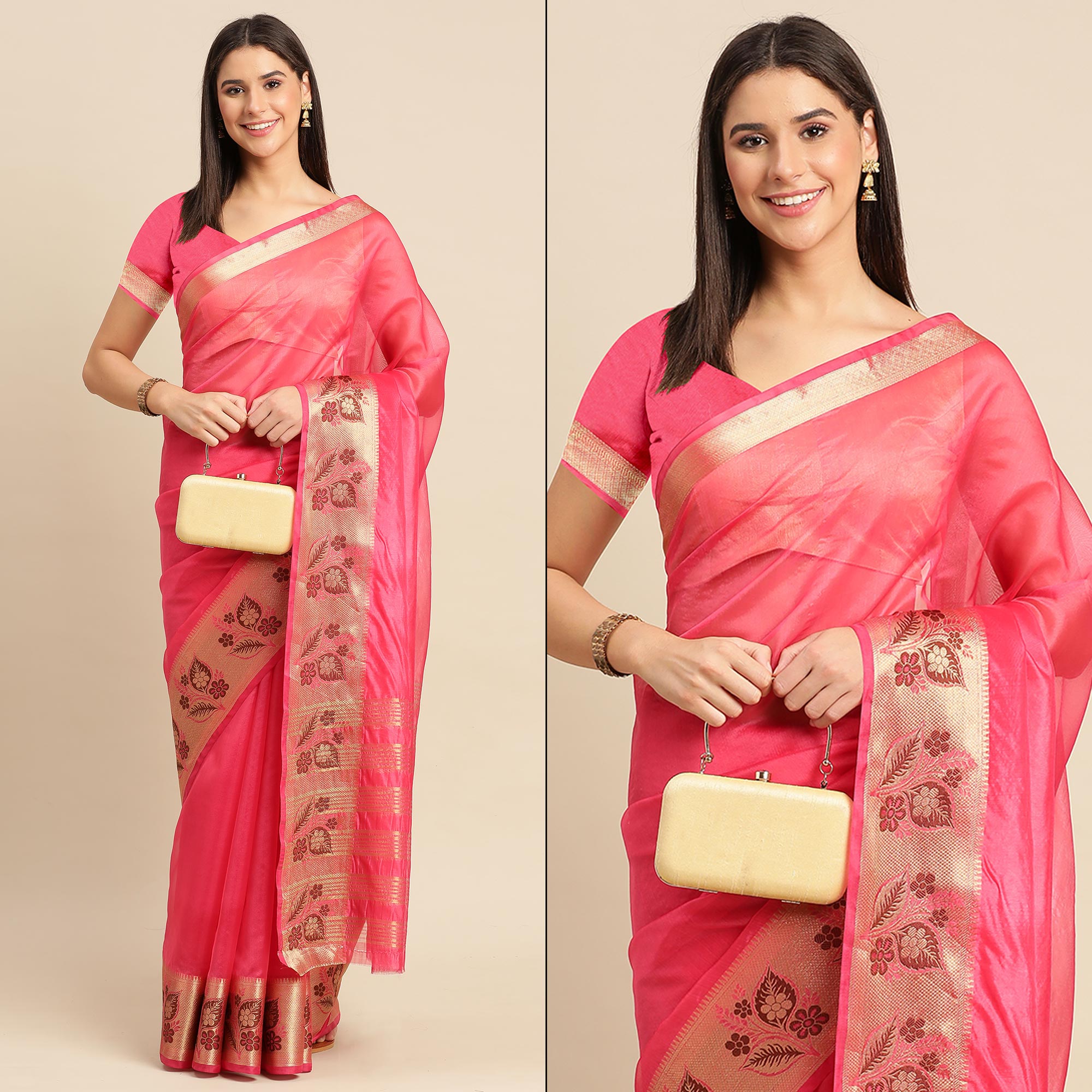 Rani Pink Woven Cotton Silk Saree