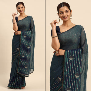 Blue Foil Printed With Swarovski Brasso Saree