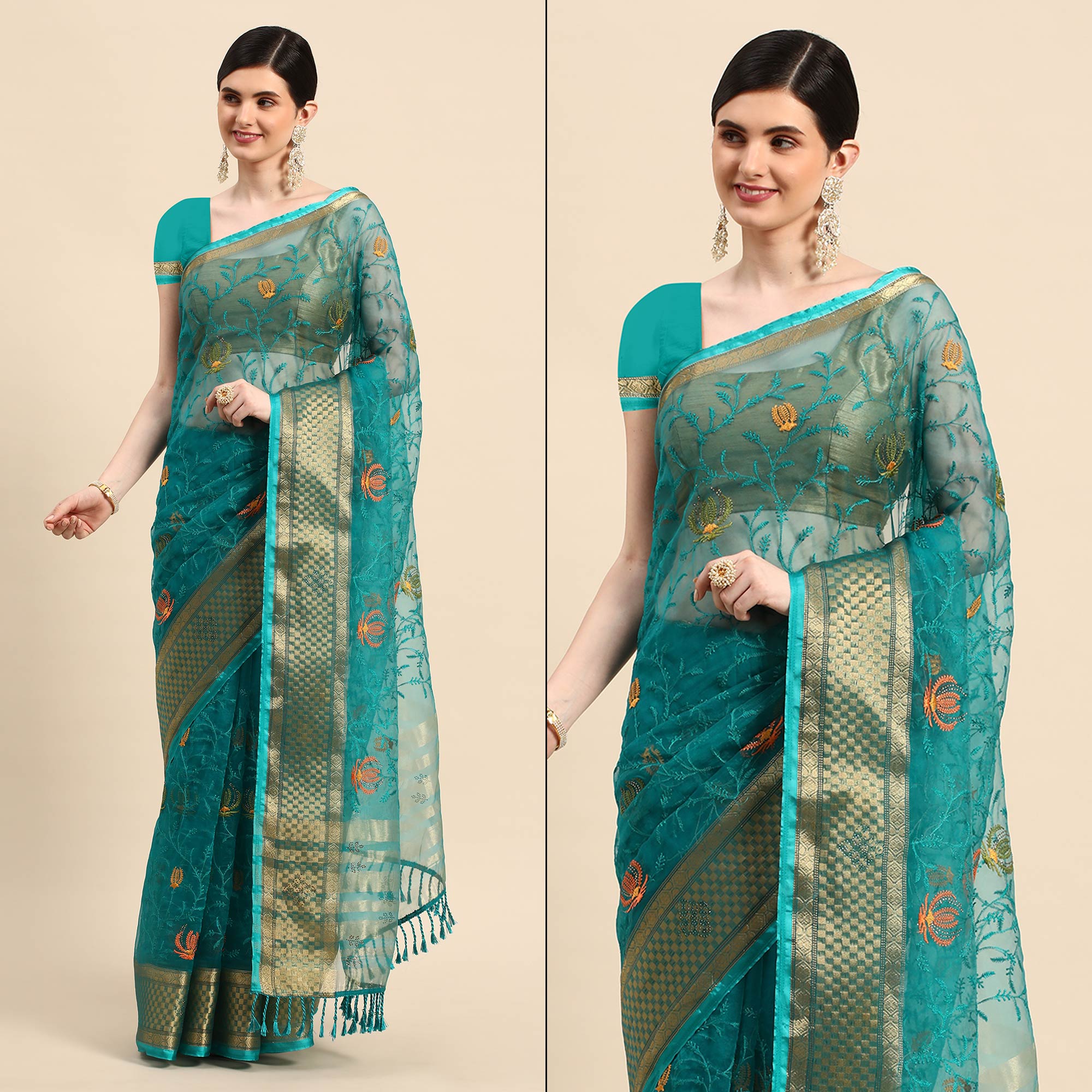 Turquoise Floral Embroidered Organza Saree