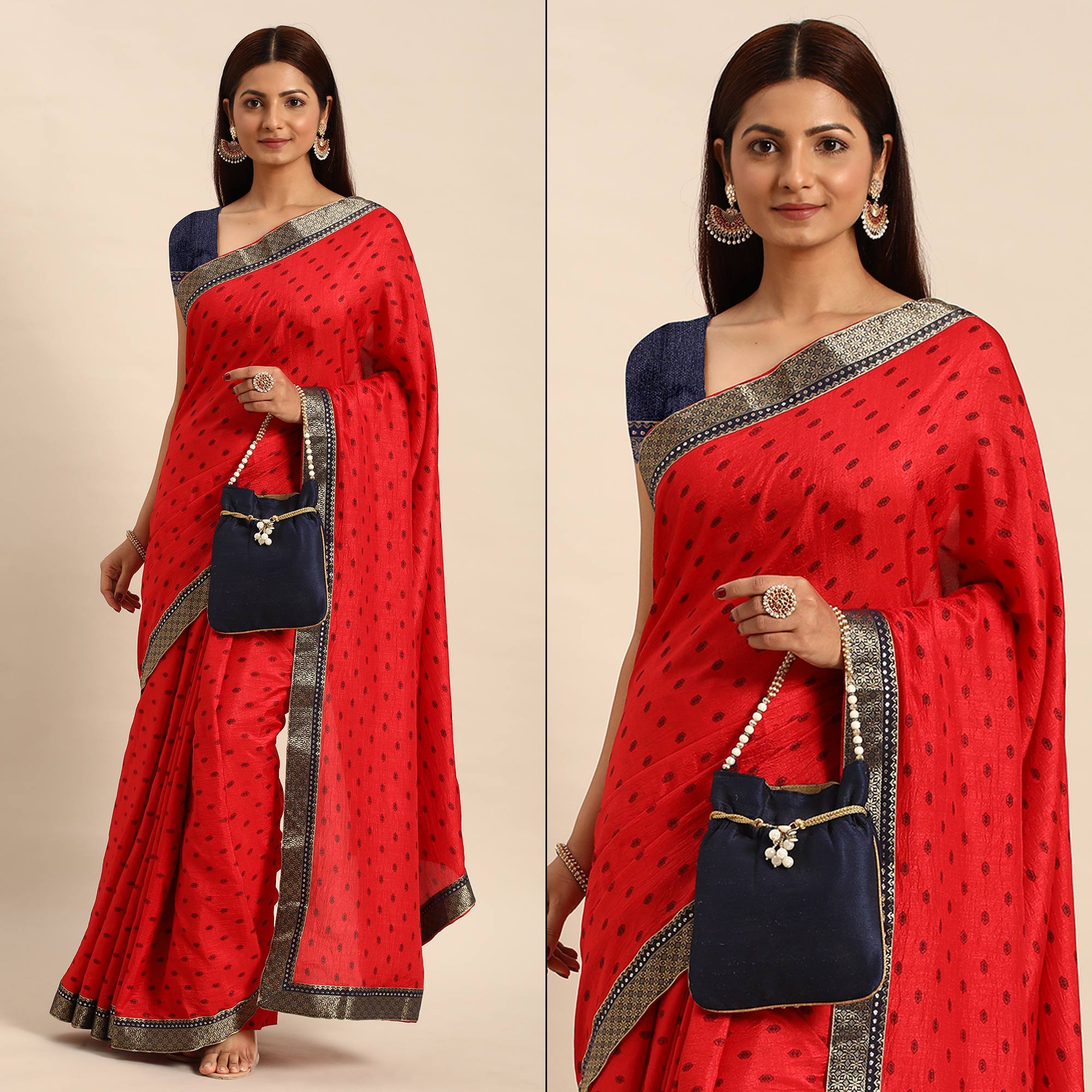 Red Printed Vichitra Silk Saree