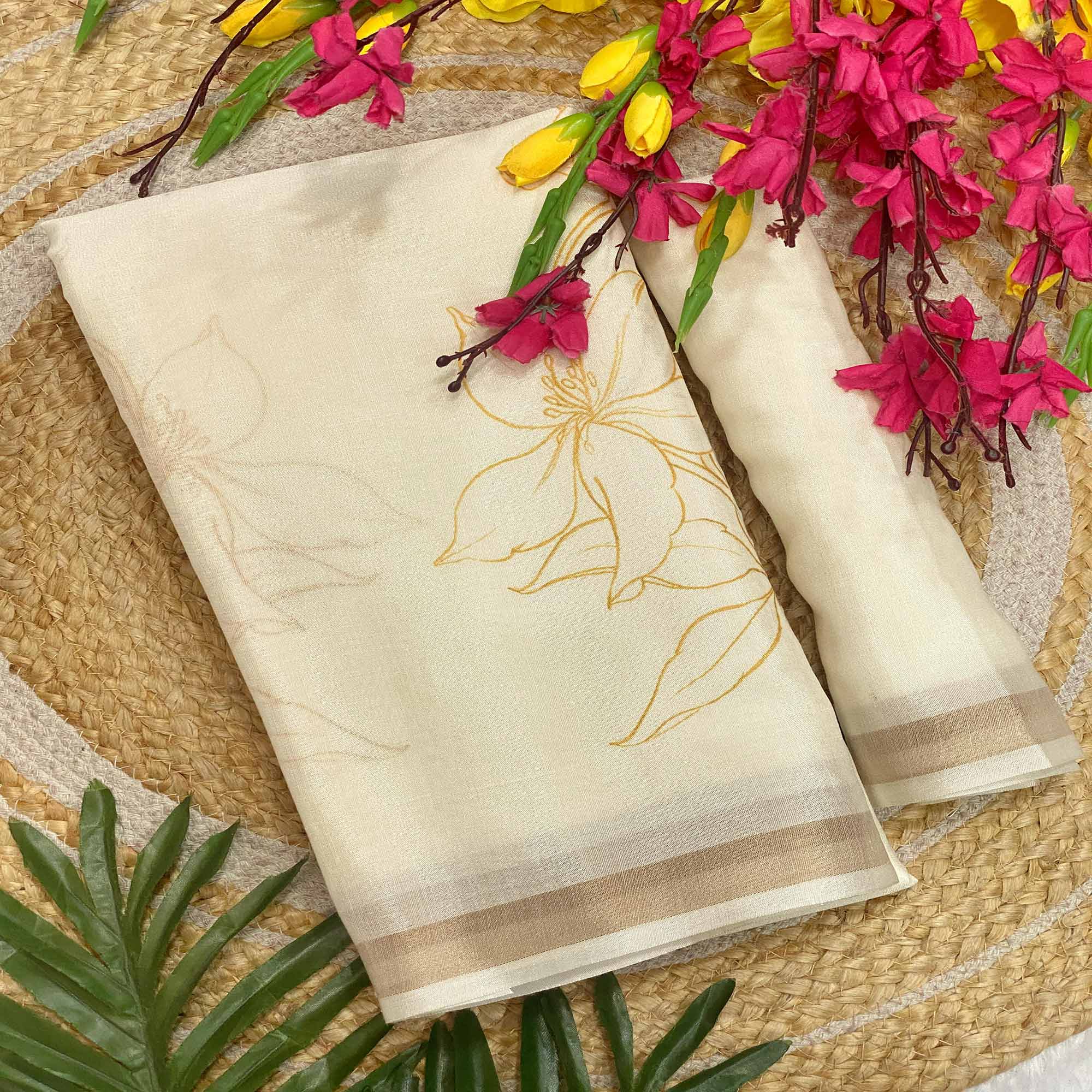Off White Admirable Kathakali Printed Soft Tussar Cotton Silk Saree
