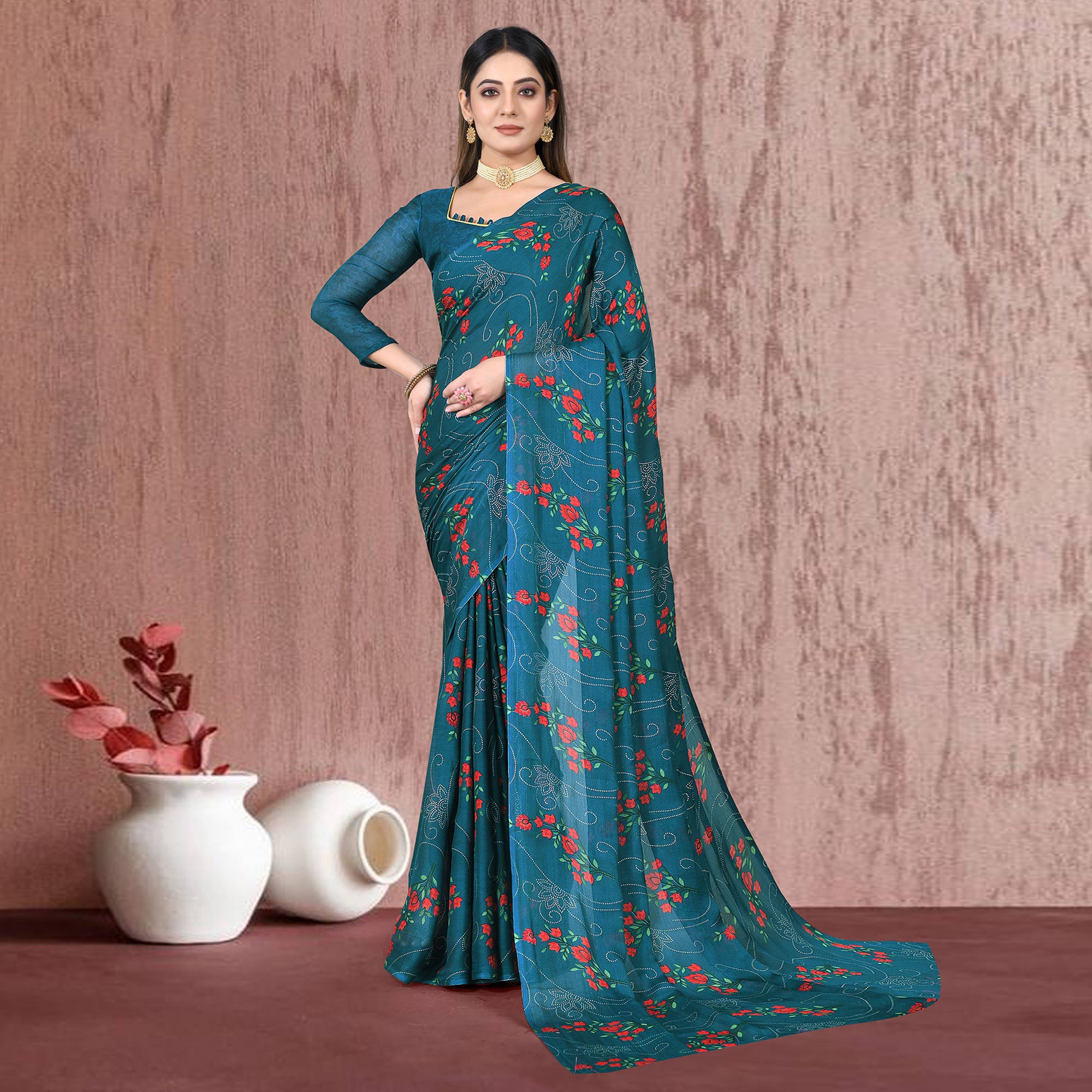 Blue Floral Printed Chiffon Saree