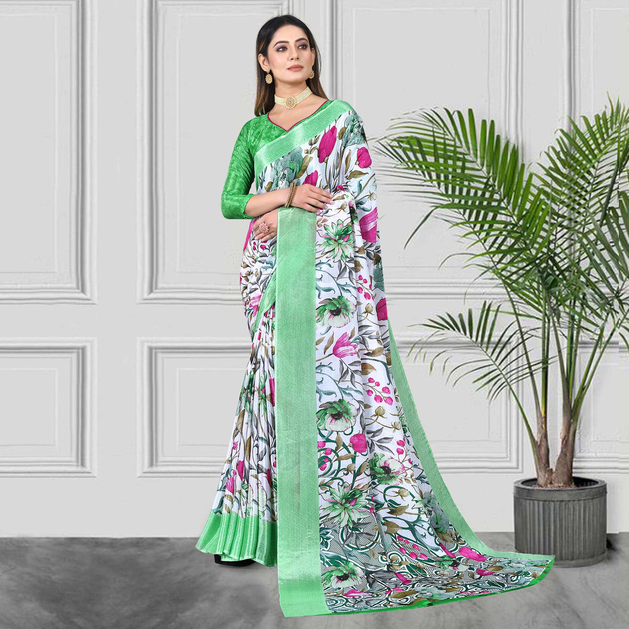 White & Green Floral Printed Chiffon Saree