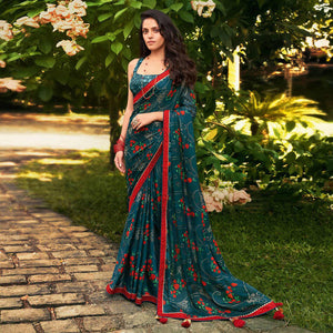 Teal Blue Floral Foil Printed Chiffon Saree