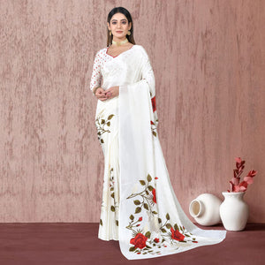 White Floral Foil Printed Chiffon Saree