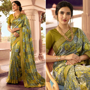 Olive Green Printed Art Silk Saree