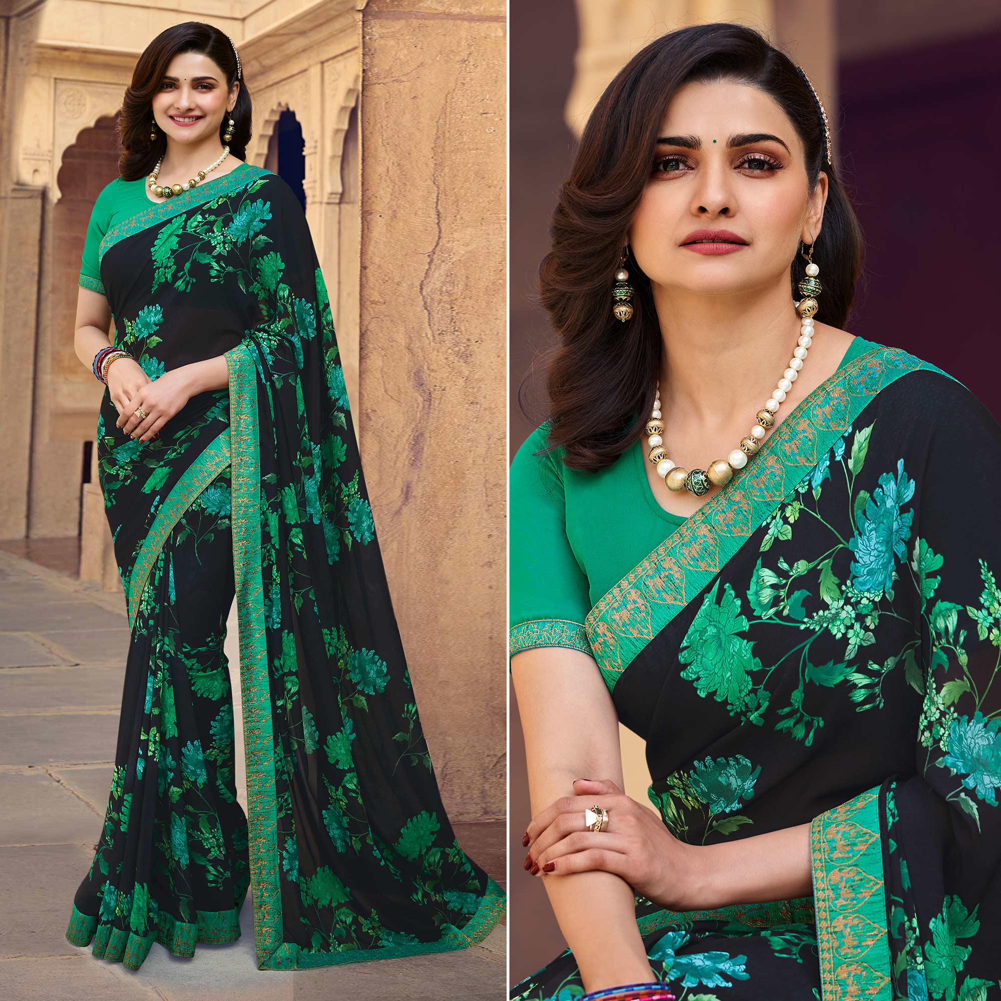 Black Floral Printed Georgette Saree