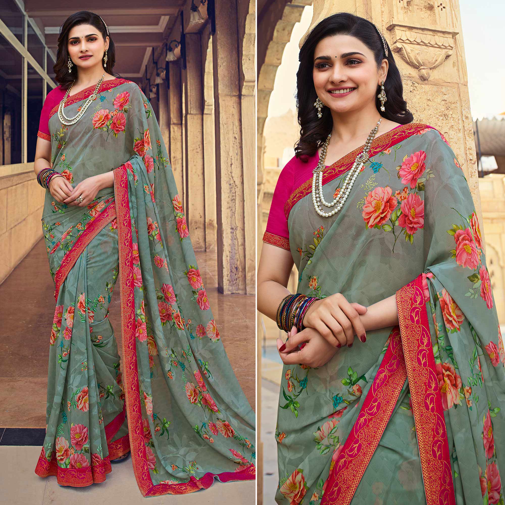 Grey Floral Printed Georgette Saree