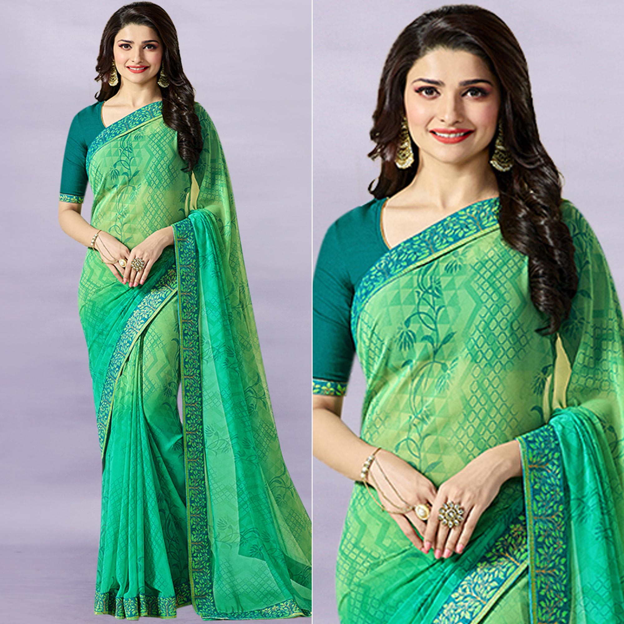 Green Floral Printed Georgette Saree