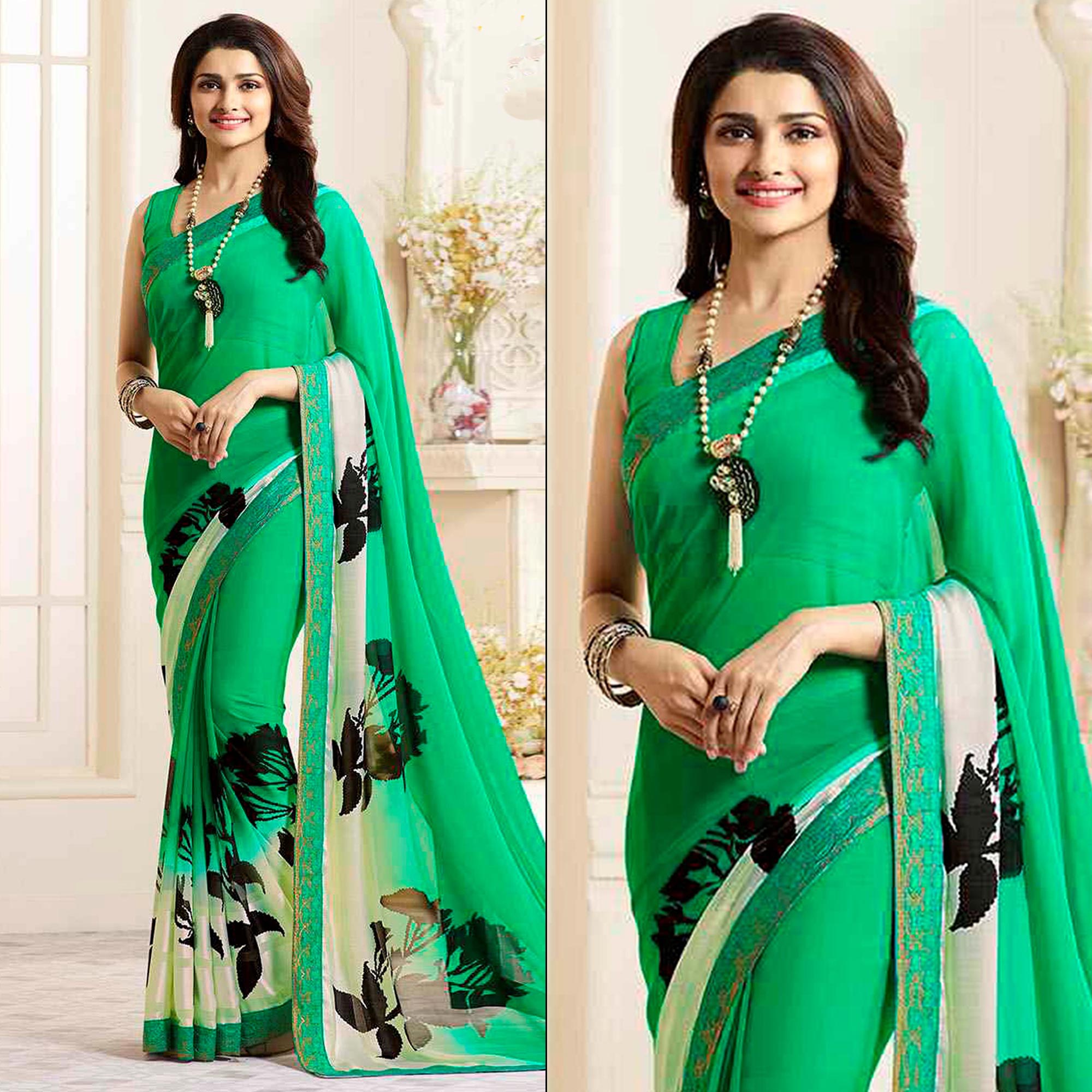 Green Printed Georgette Saree With Lace Border