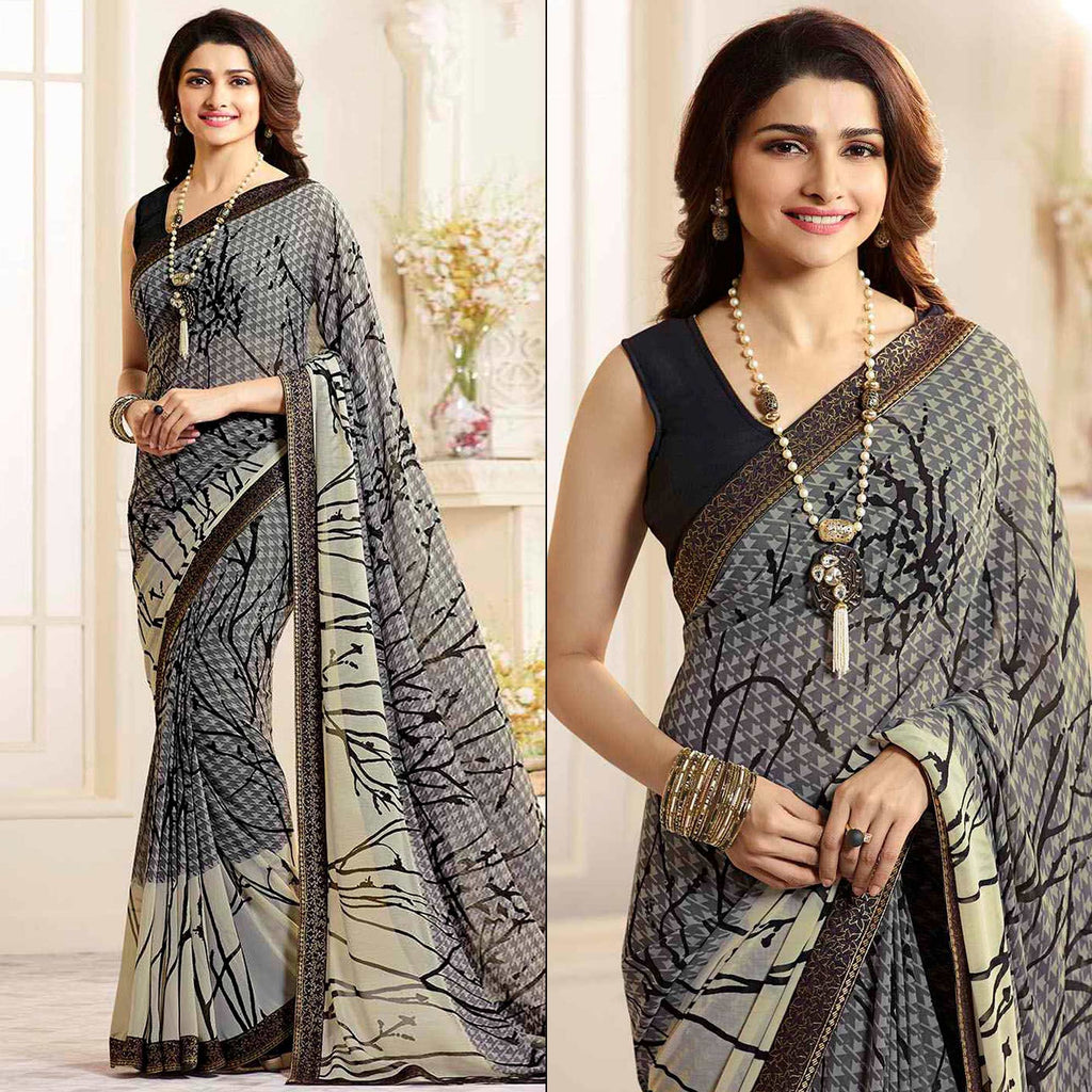Printed Faux Georgette Grey Color Saree main image 0