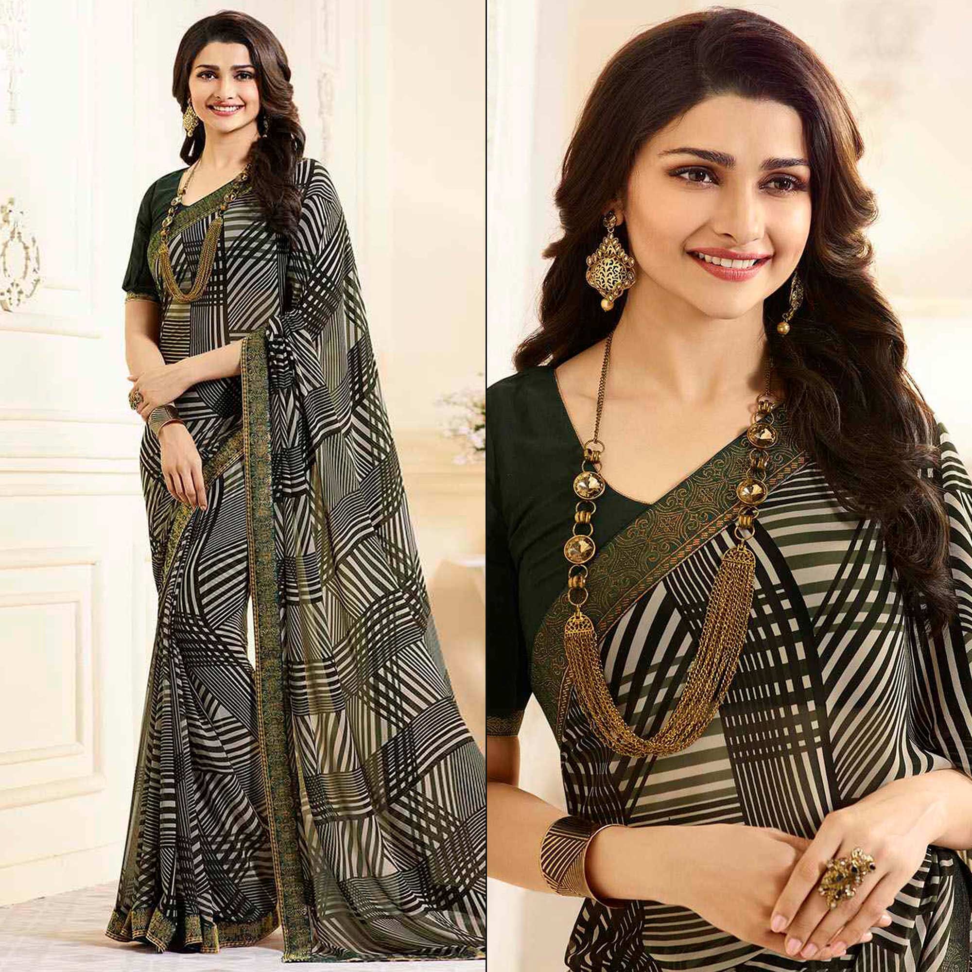 Mehandi Green Printed Georgette Saree With Lace Border
