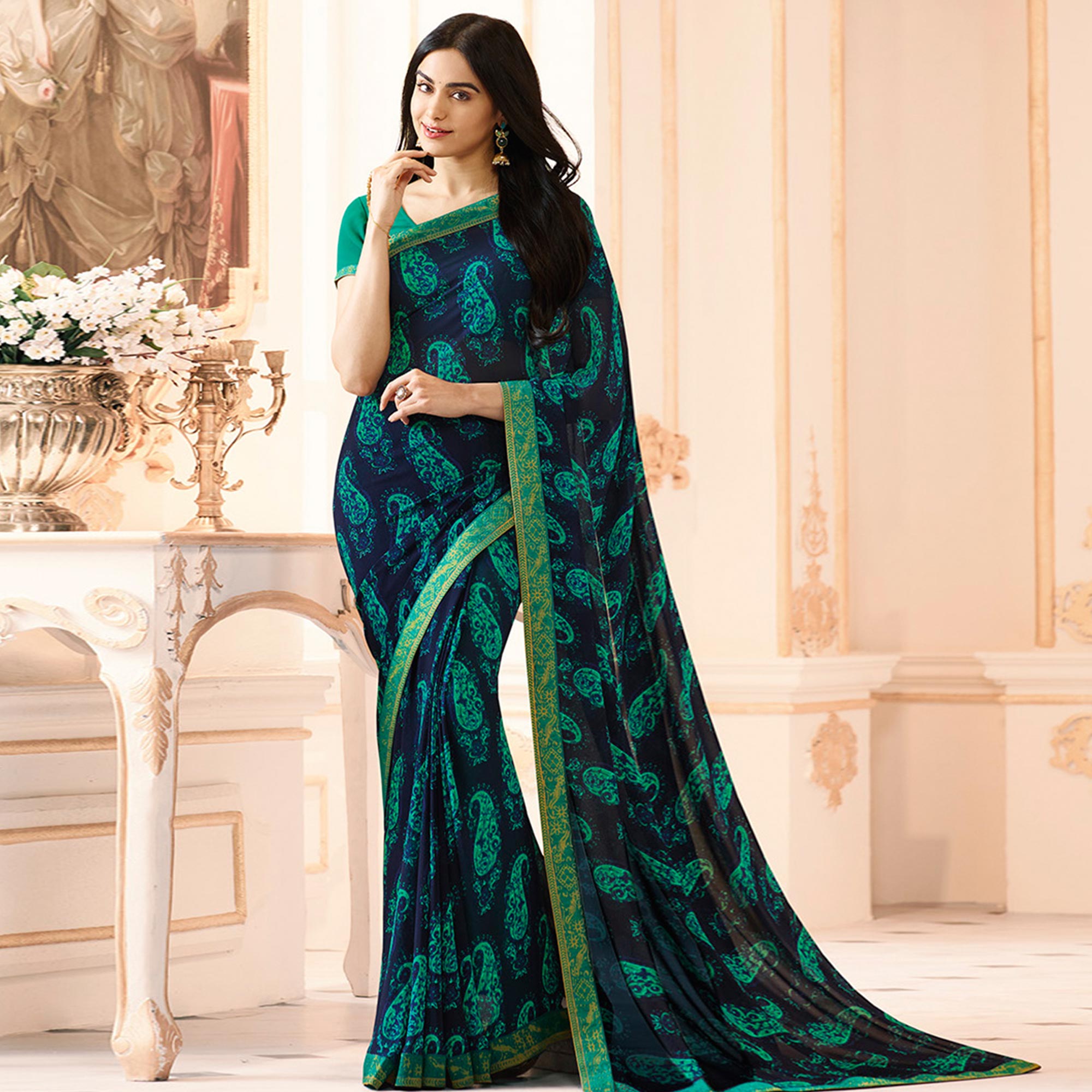 Blue Printed Georgette Saree With Lace Border