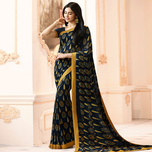 Blue Floral Printed Georgette Saree With Lace Border