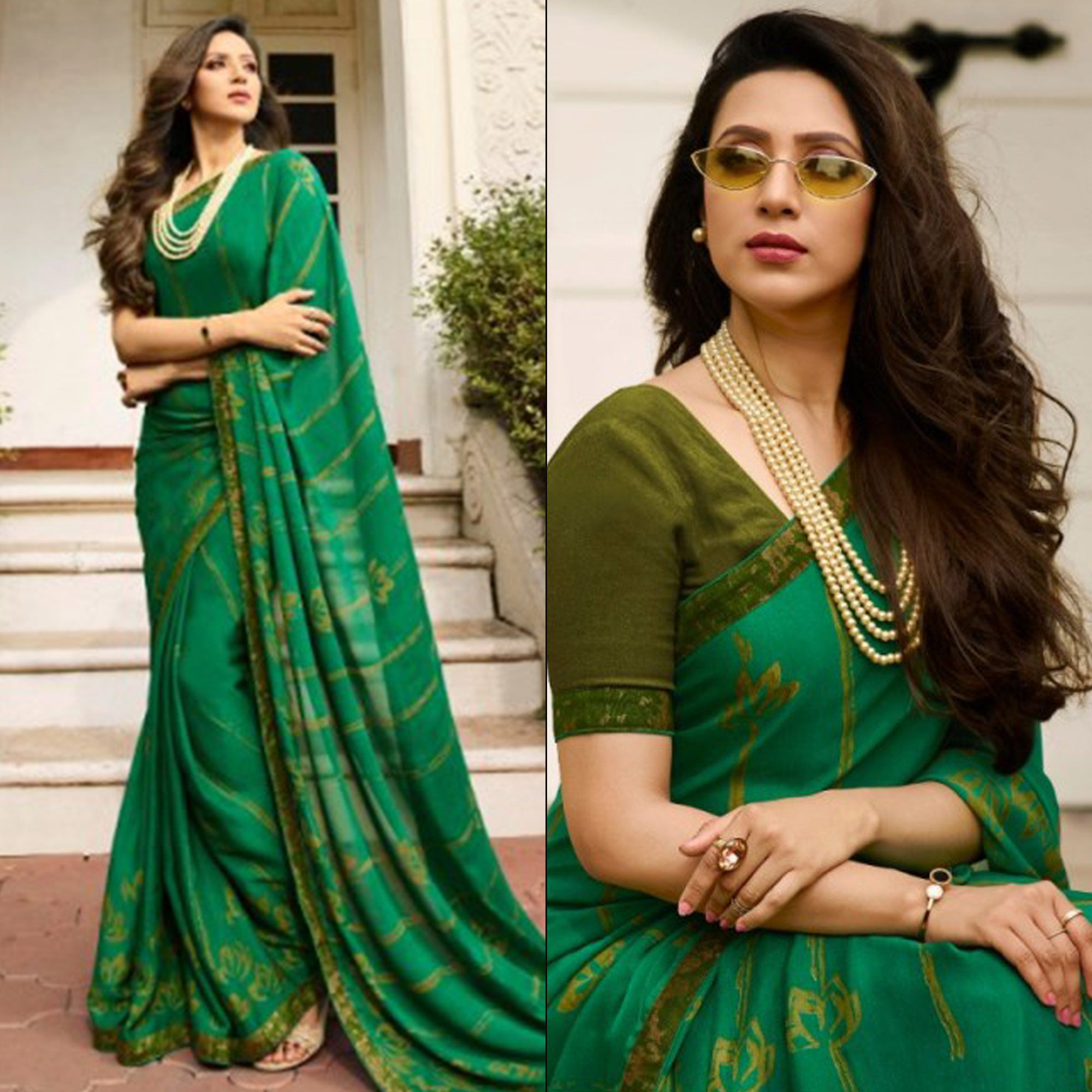 Green Printed Art Silk Saree With Lace Border