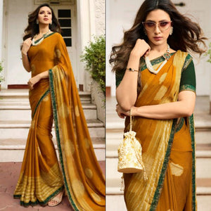 Mustard Printed Art Silk Saree With Lace Border