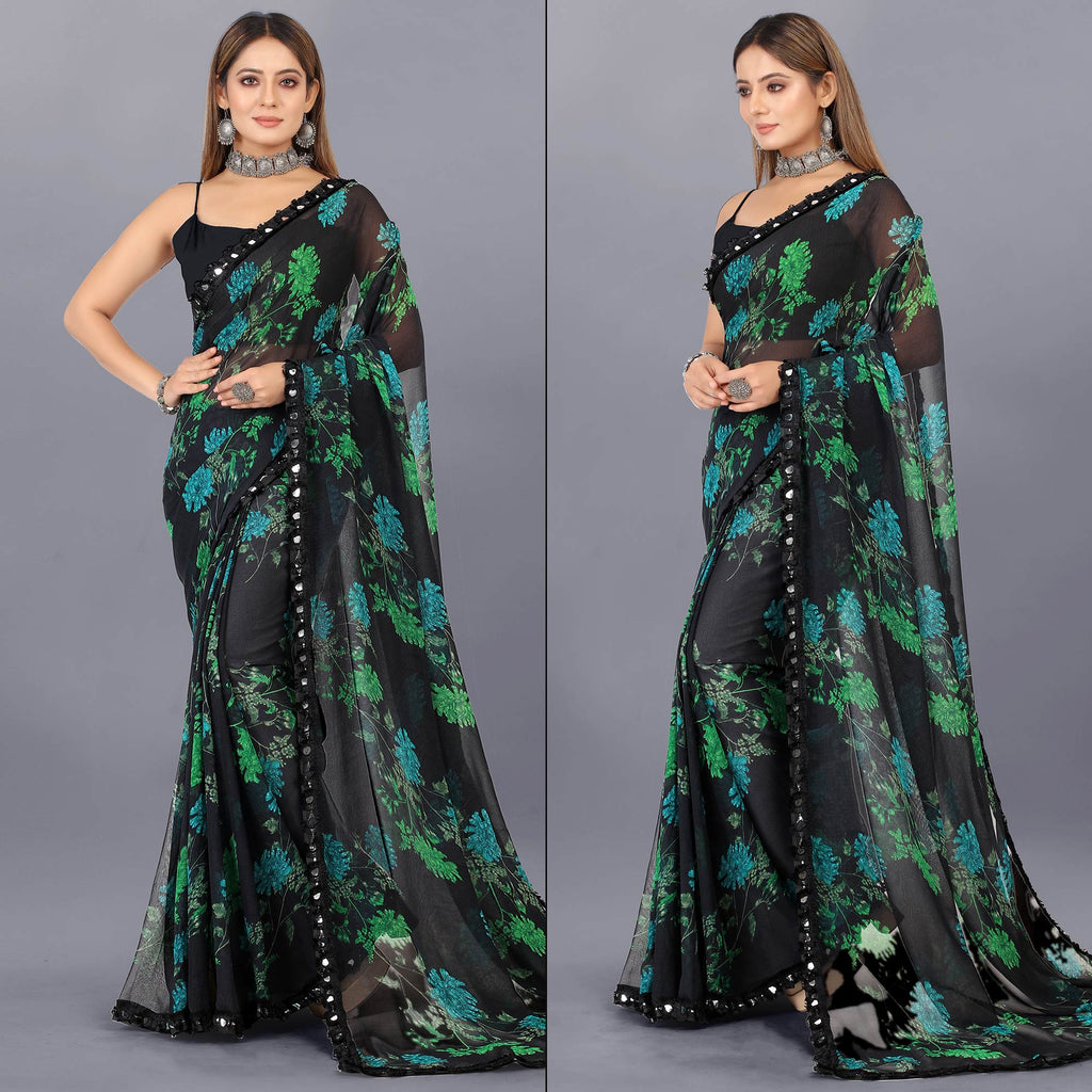 Black Beige Designer Net Georgette Saree with Sequin Work & Contrast Border main image 1