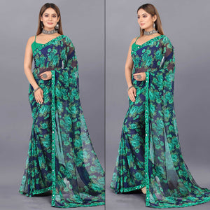 Blue Floral Printed Georgette Saree With Lace Border