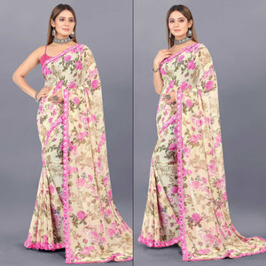 Cream Floral Printed Georgette Saree With Lace Border