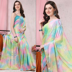 Multicolor Foil Printed Chiffon Saree With Fancy Border
