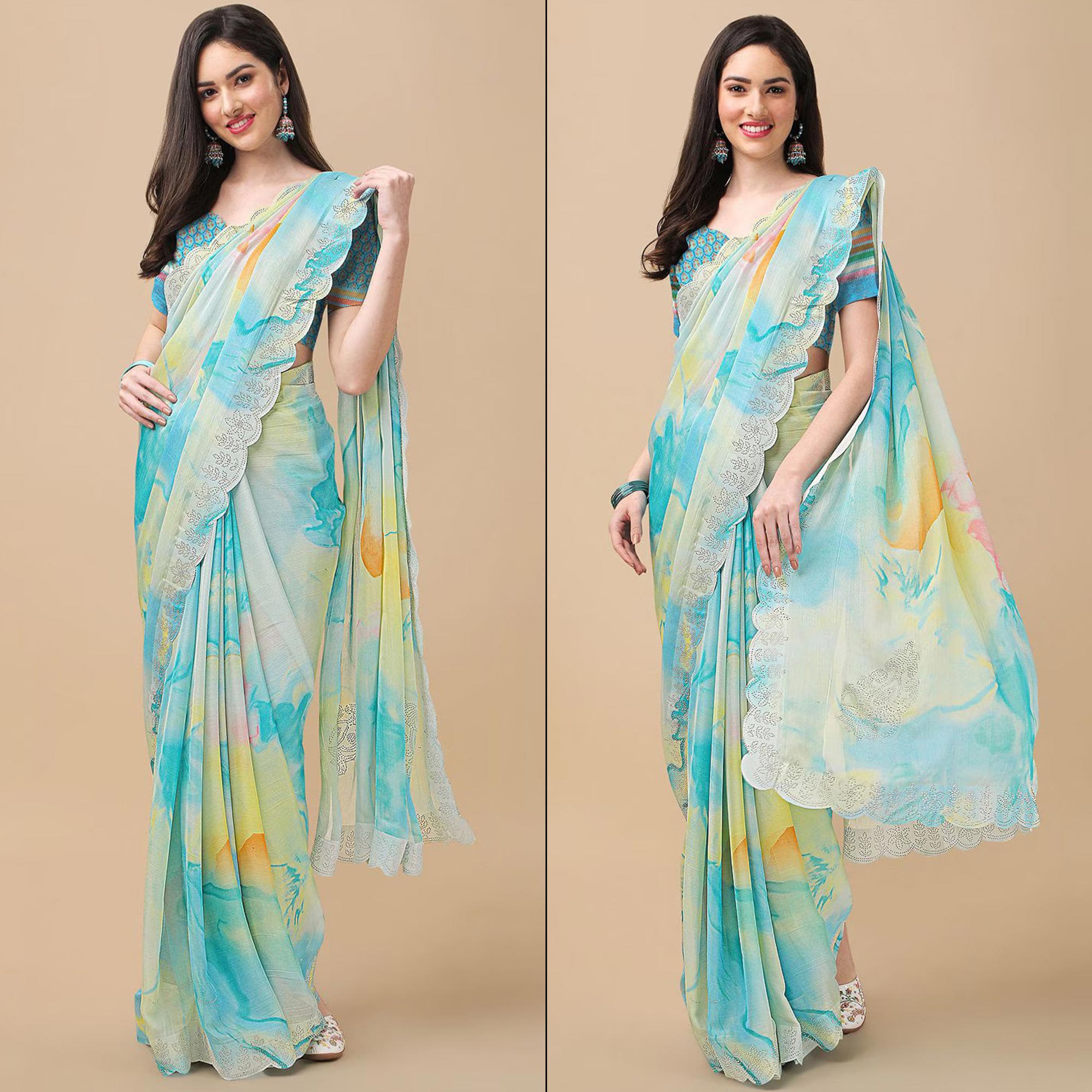 Sky Blue Printed With Swarovski Work Chiffon Saree