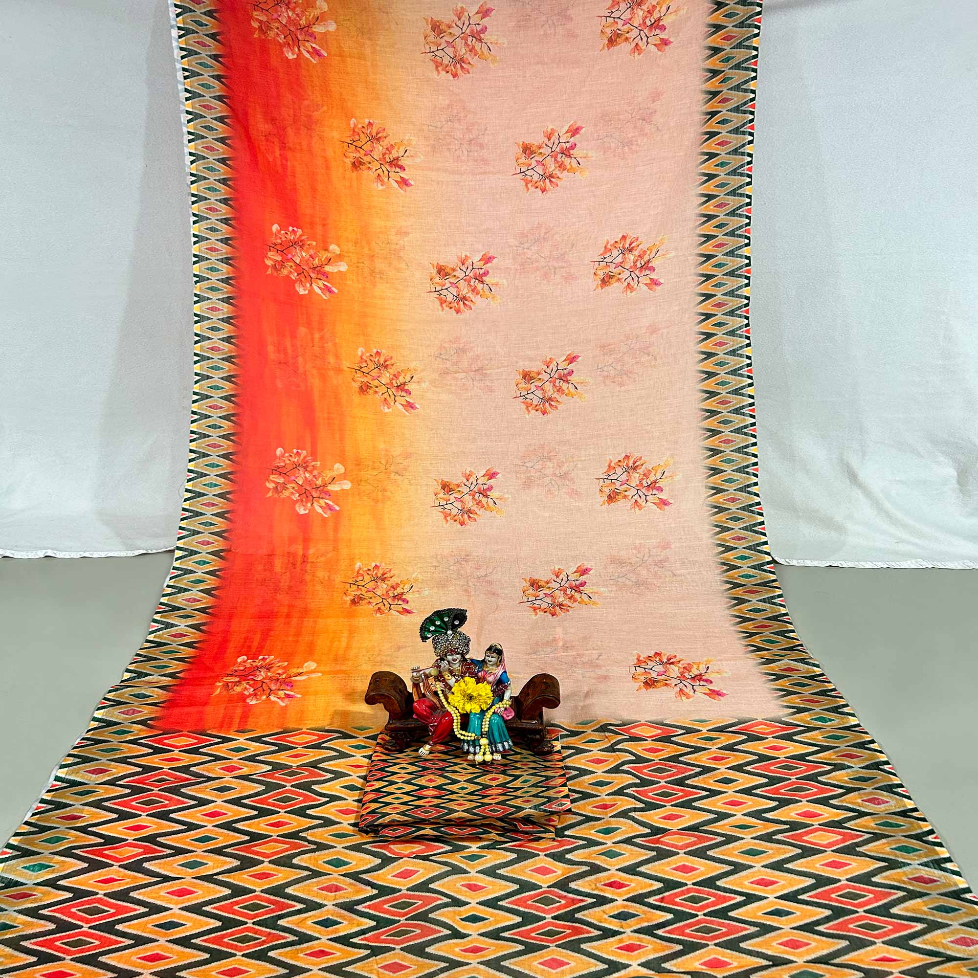 Peach Floral Digital Printed Linen Saree