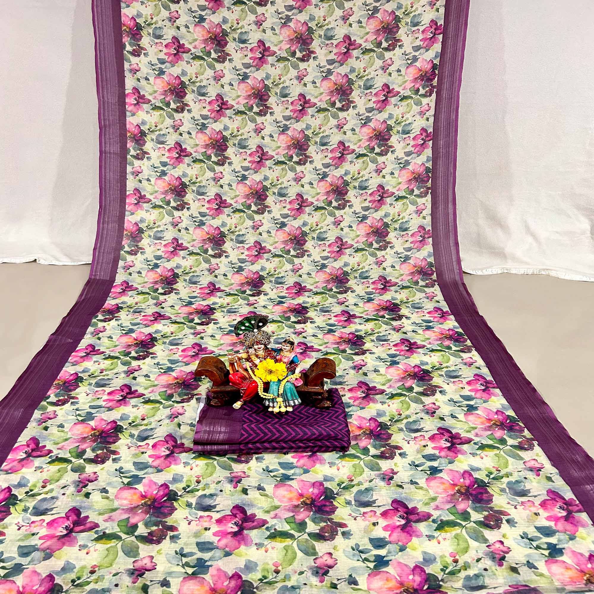 Wine Floral Digital Printed Linen Saree