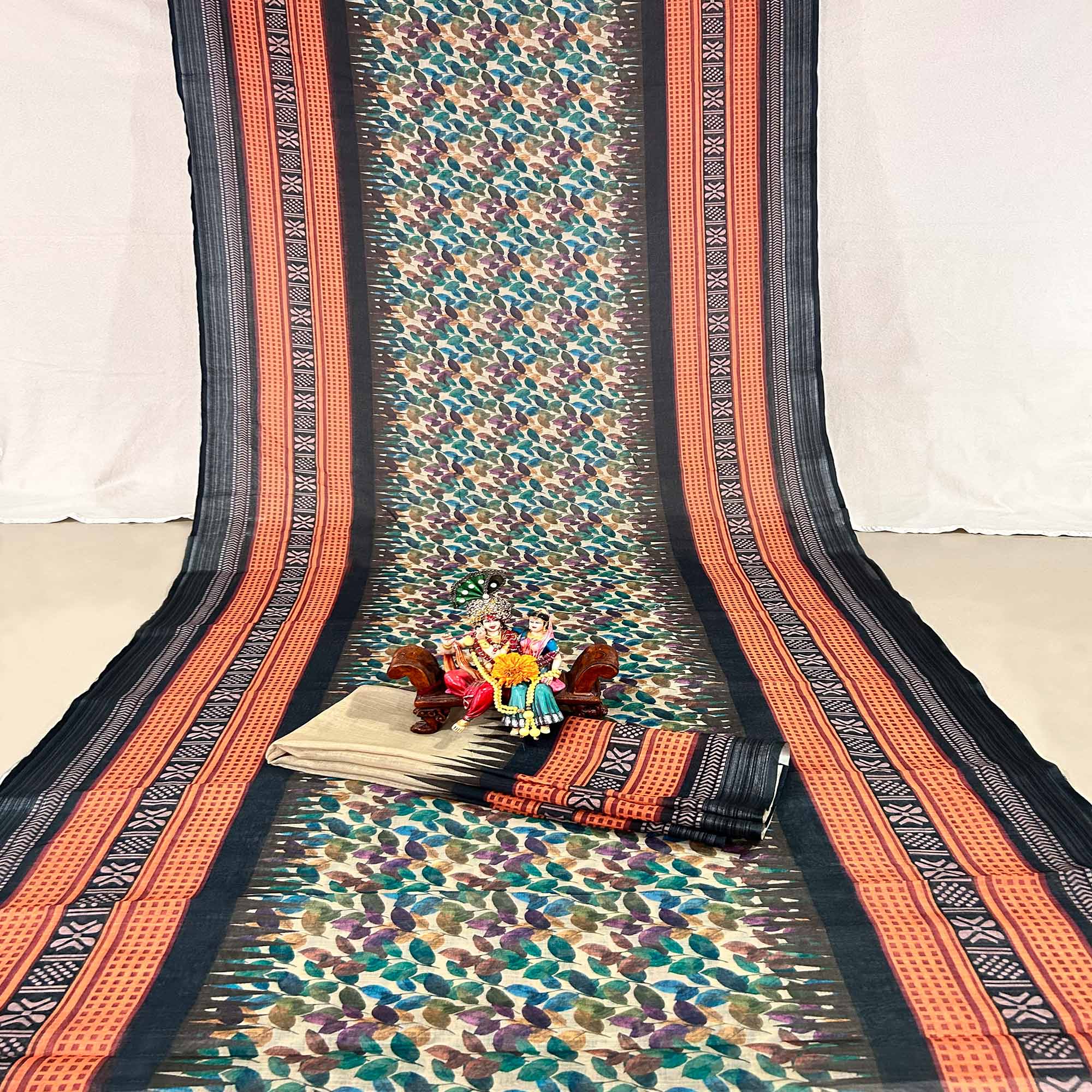 Black Floral Digital Printed Linen Saree