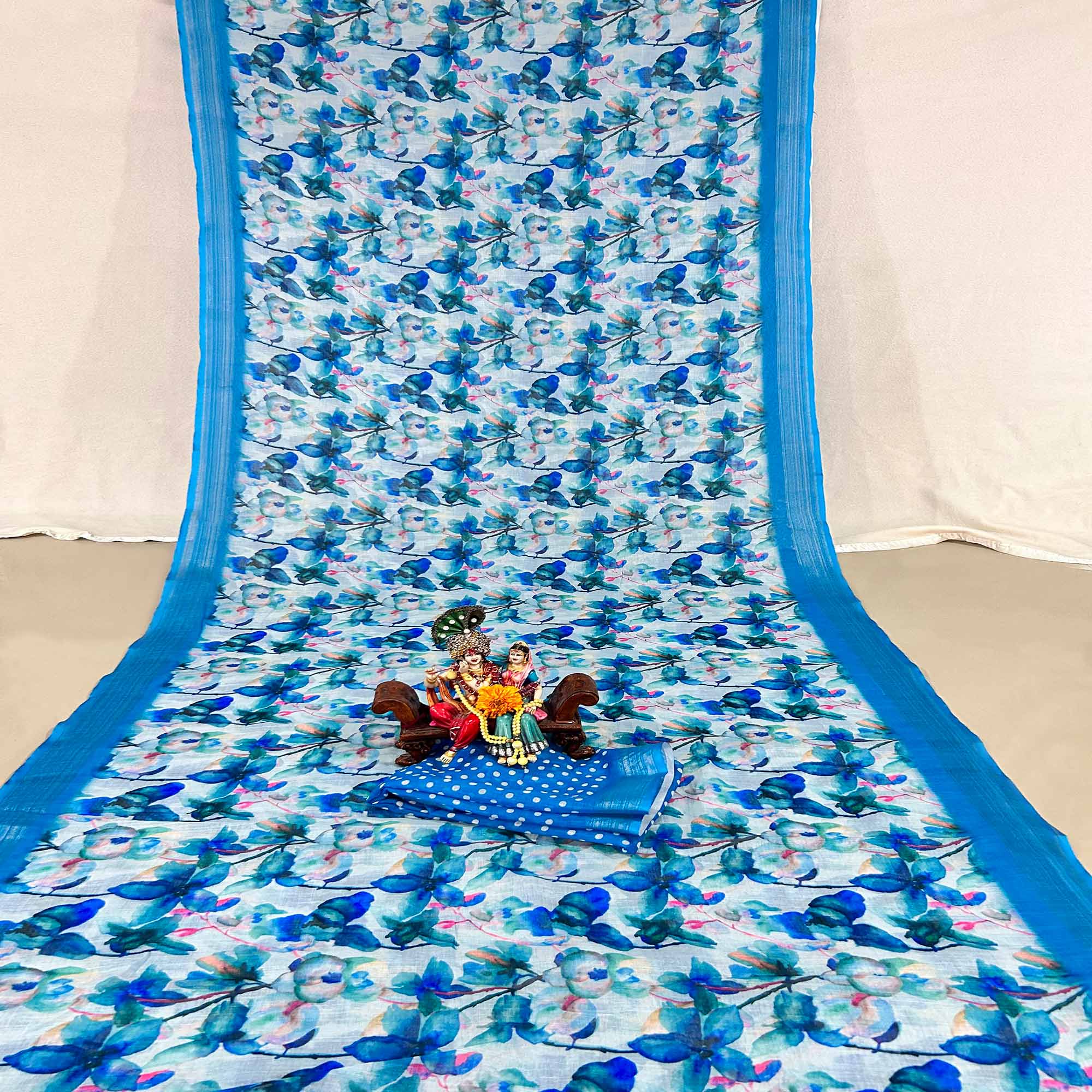 Blue Floral Digital Printed Linen Saree