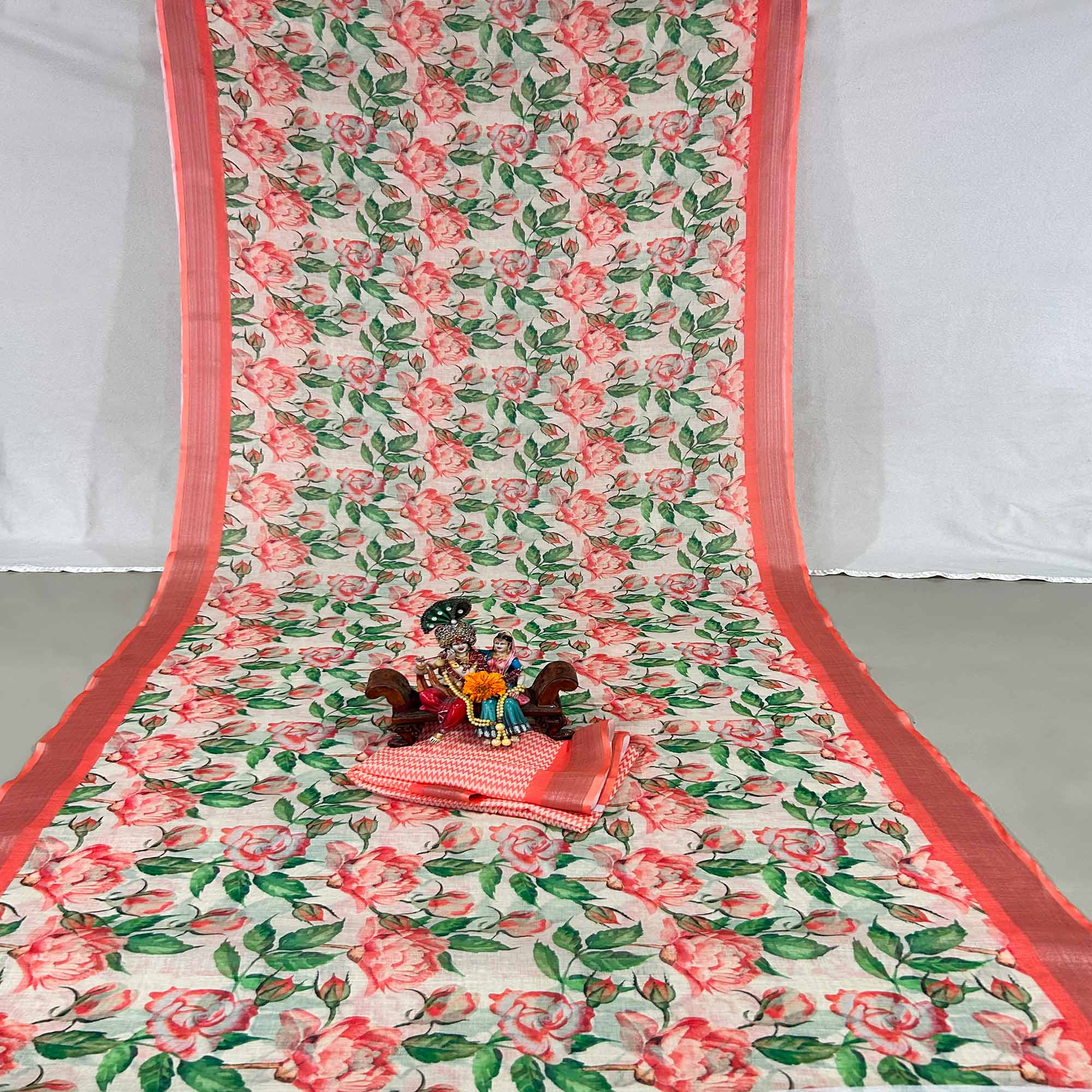 Peach Floral Digital Printed Linen Saree