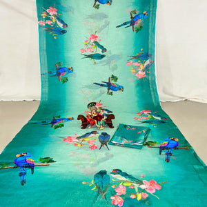 Teal Floral Digital Printed Linen Saree