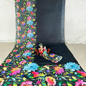 Black Floral Digital Printed Linen Saree