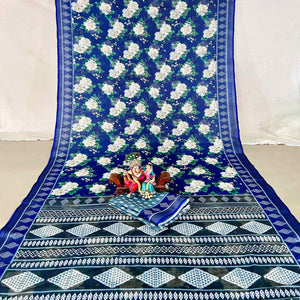 Blue Floral Digital Printed Linen Saree