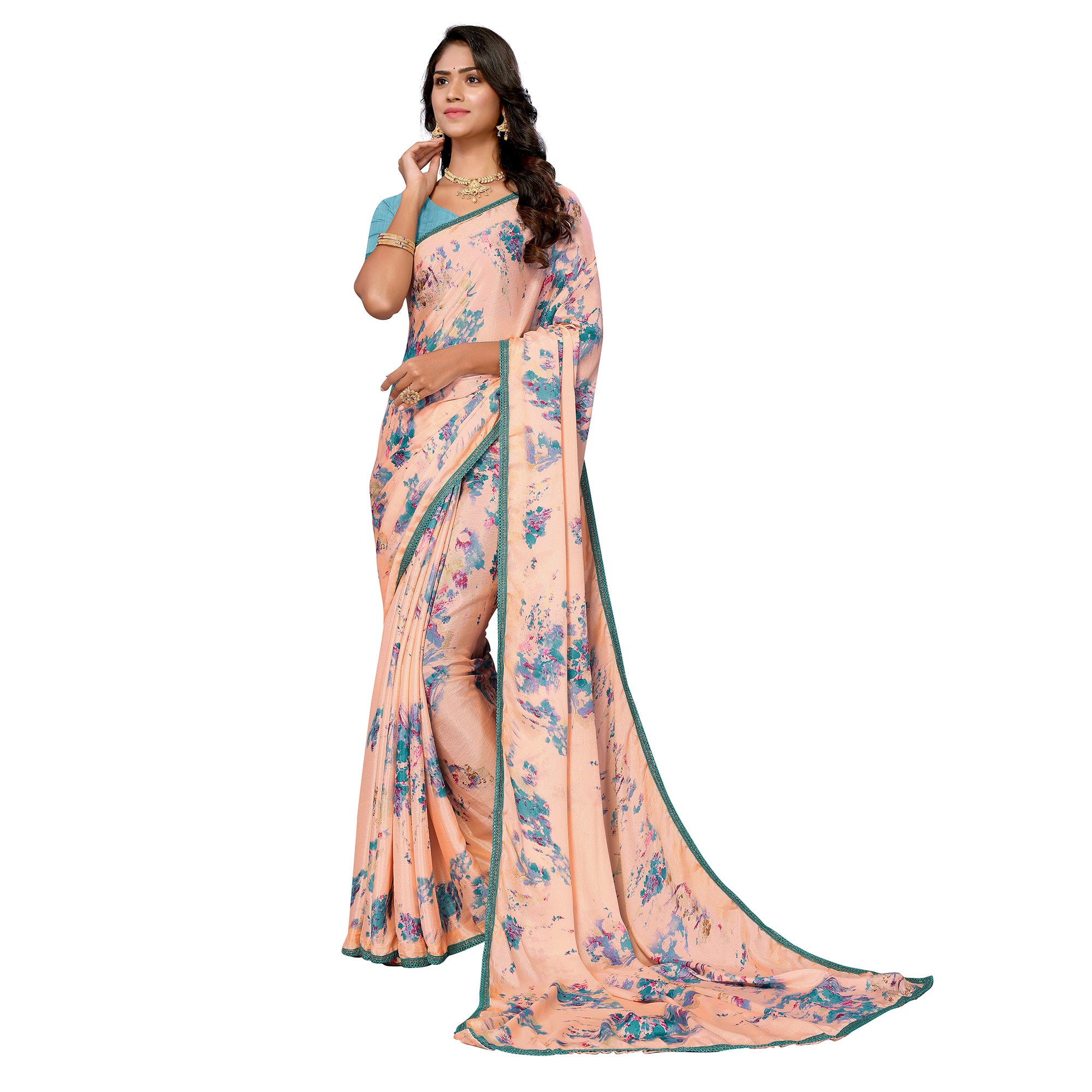 Peach Printed Vichitra Silk Saree