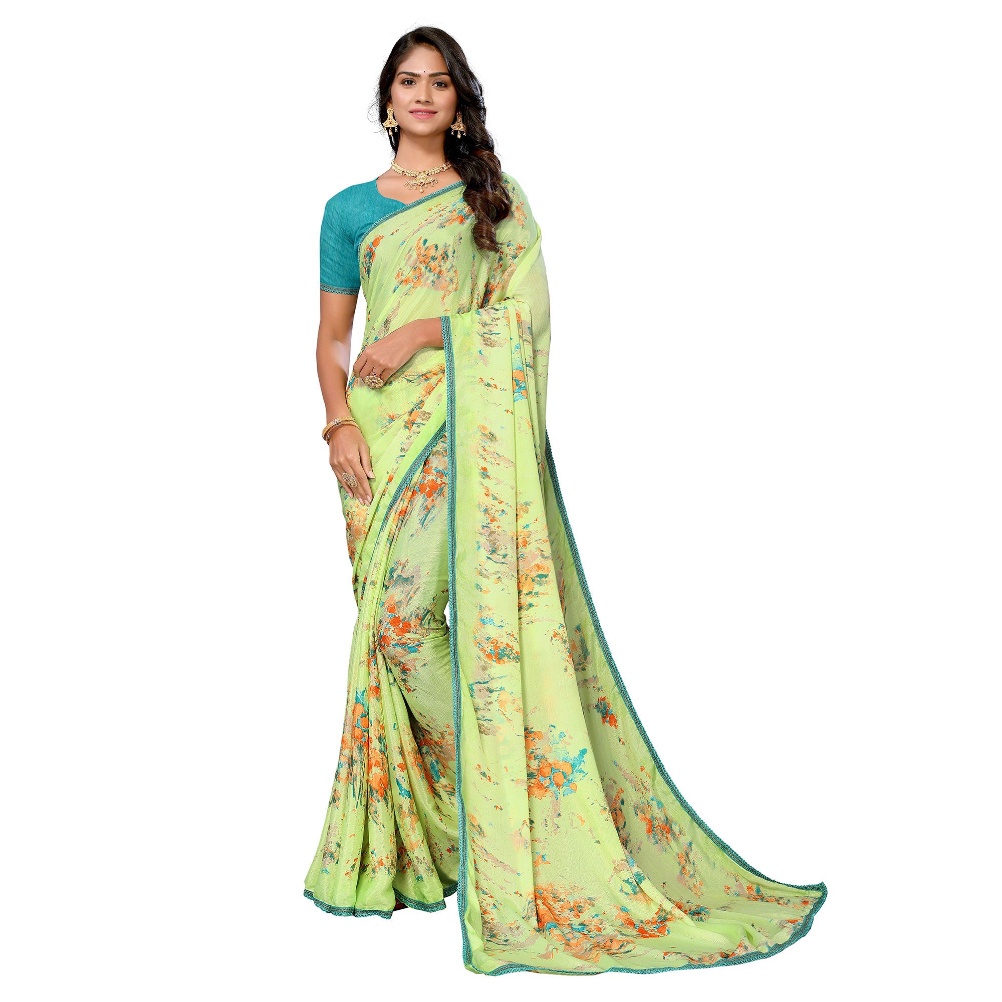 Parrot Green Printed Vichitra Silk Saree