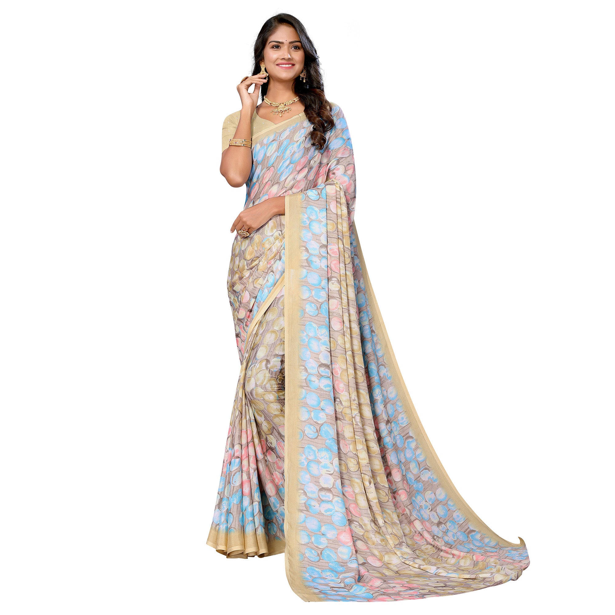 Beige Geometric Printed Vichitra Silk Saree