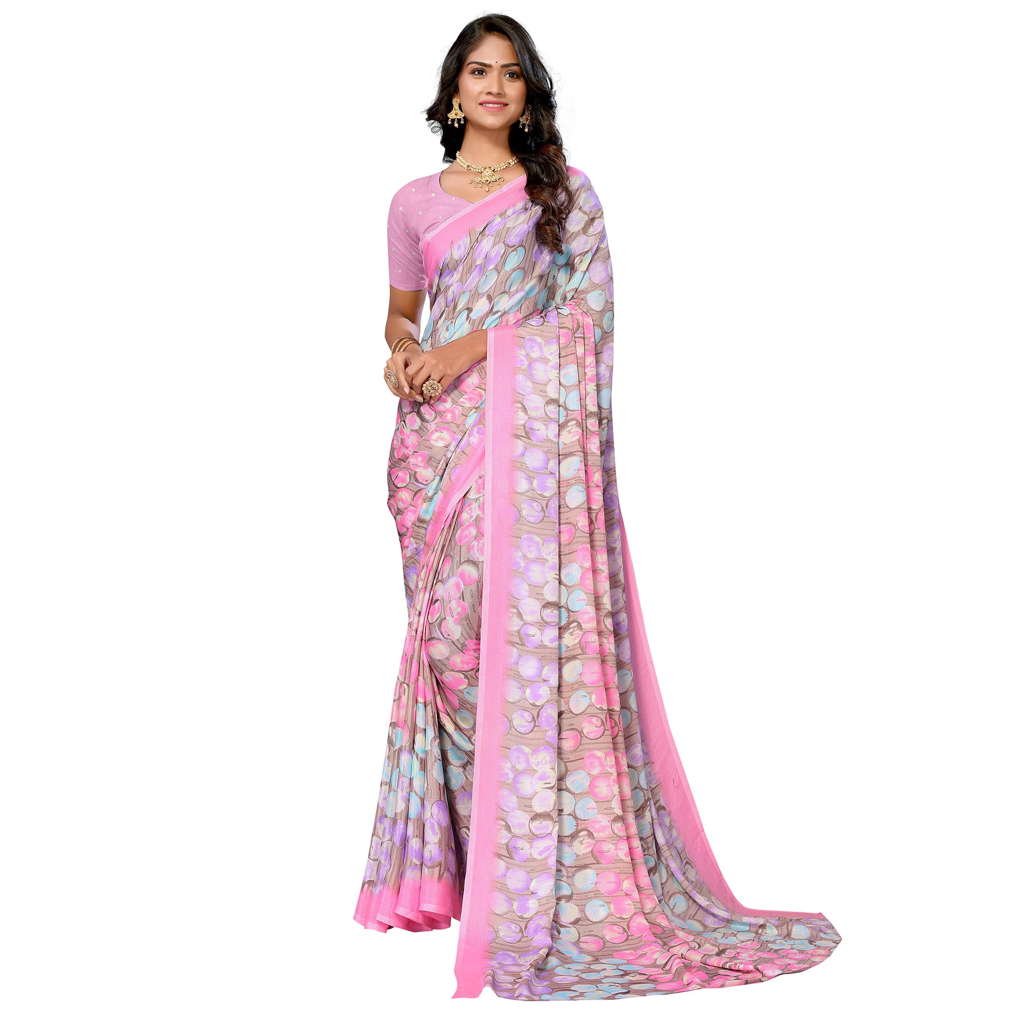 Pink Geometric Printed Vichitra Silk Saree