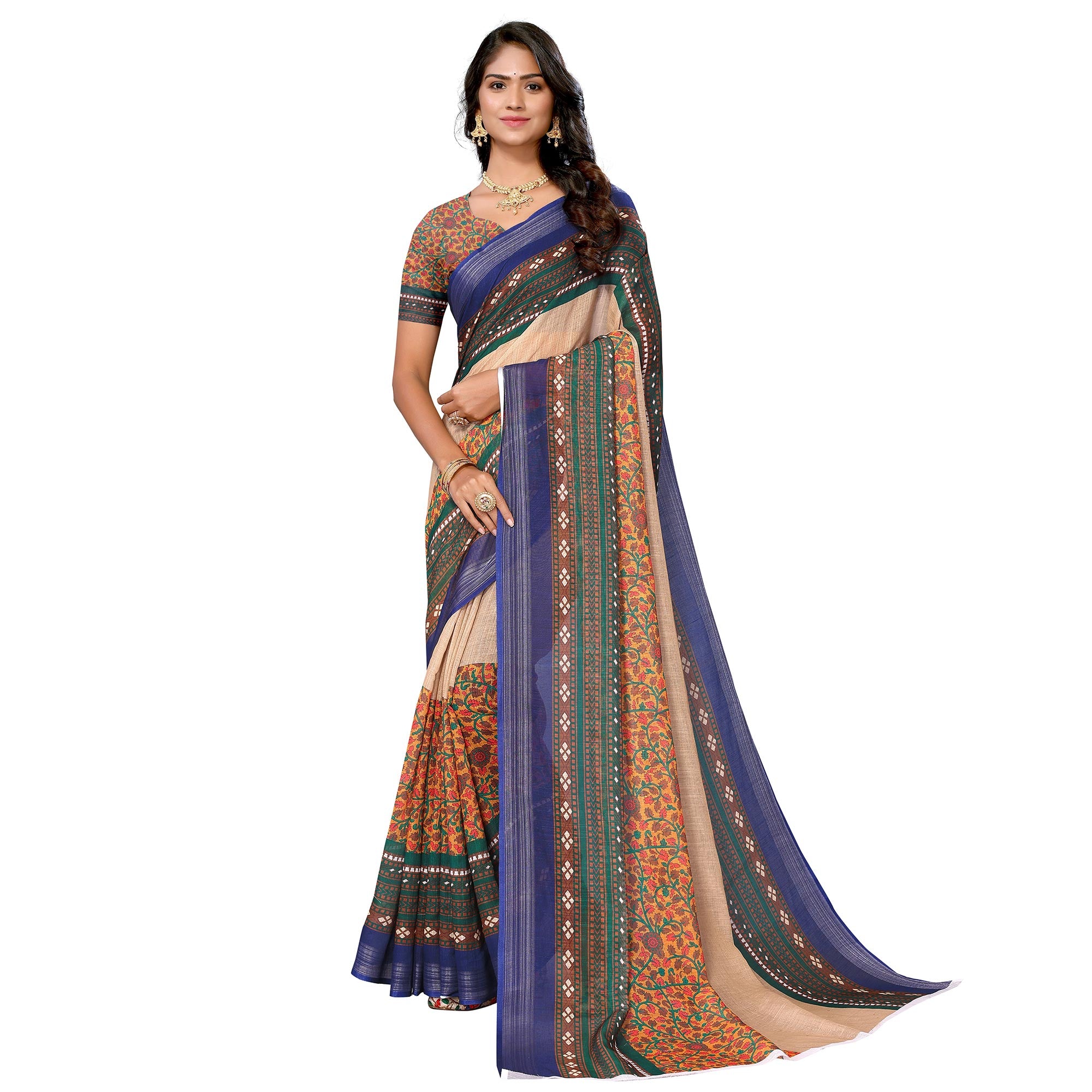 Beige Digital Floral Printed Linen Saree