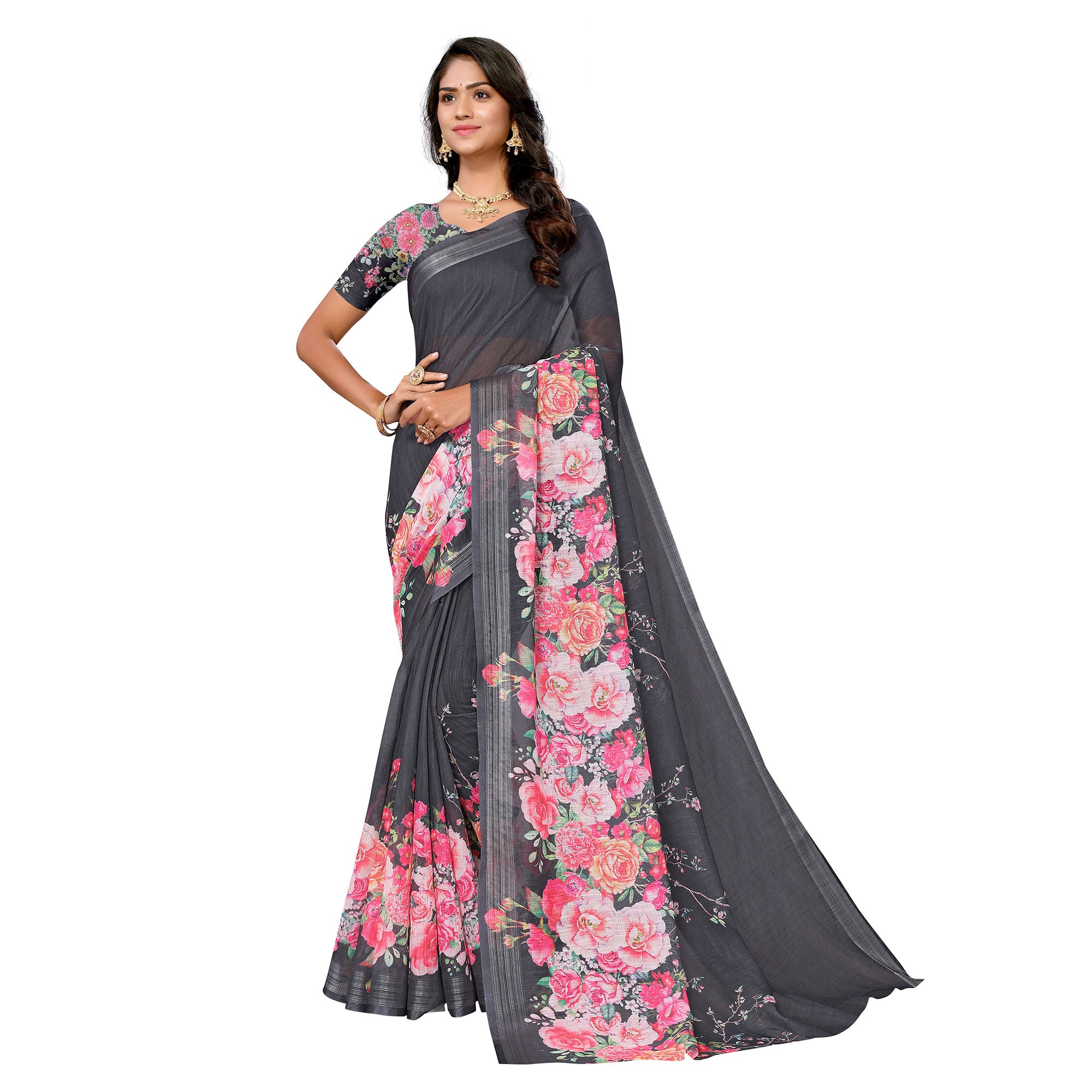 Grey & Pink Digital Floral Printed Linen Saree