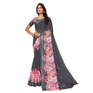 Grey & Pink Digital Floral Printed Linen Saree