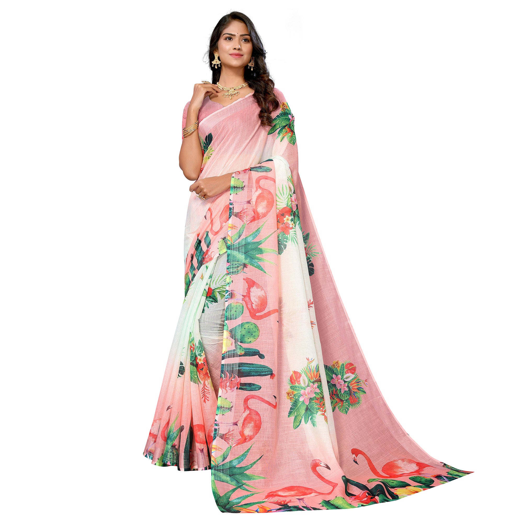 Off White & Pink Digital Floral Printed Linen Saree