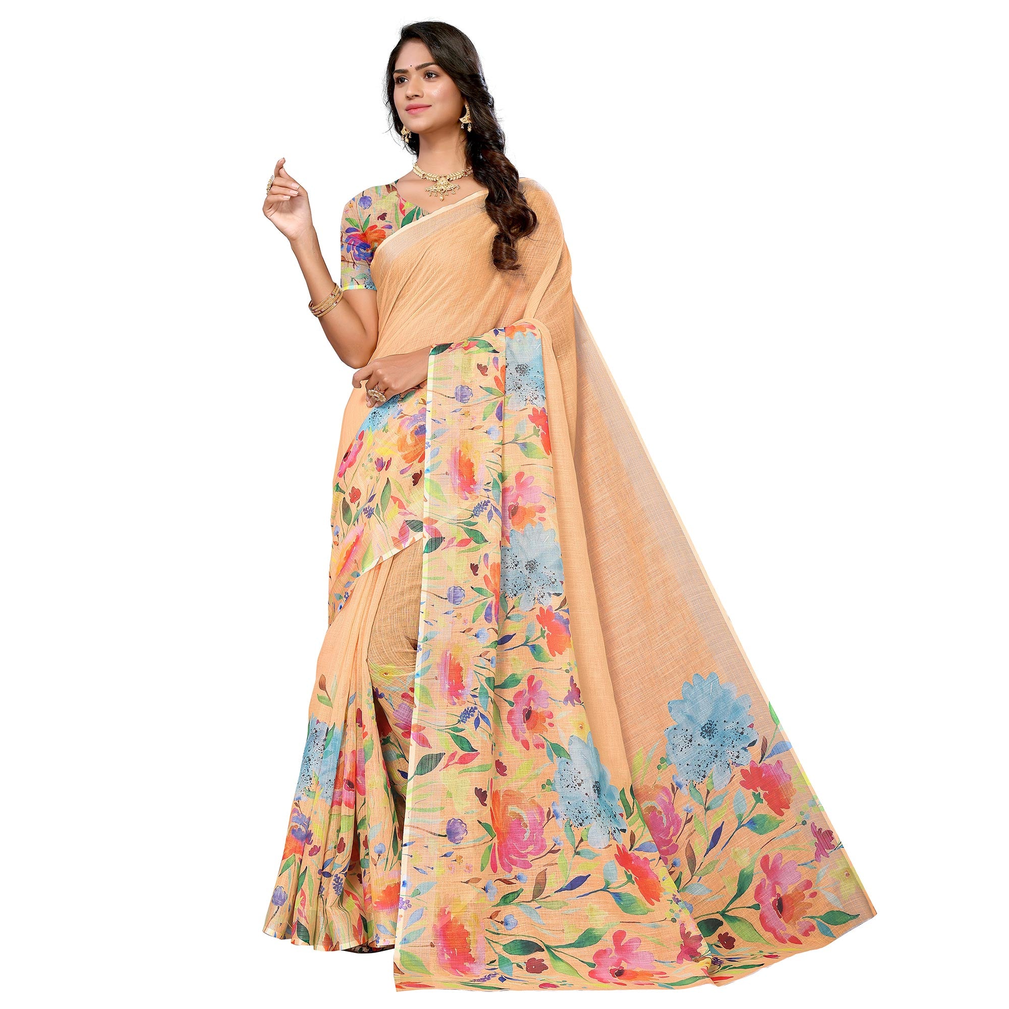 Orange Digital Floral Printed Linen Saree
